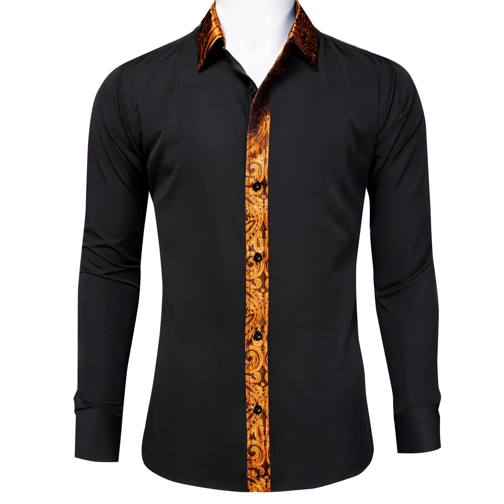 Black Splicing Shirt Orange Paisley Cuffs Button Up Shirt    Black orange top 