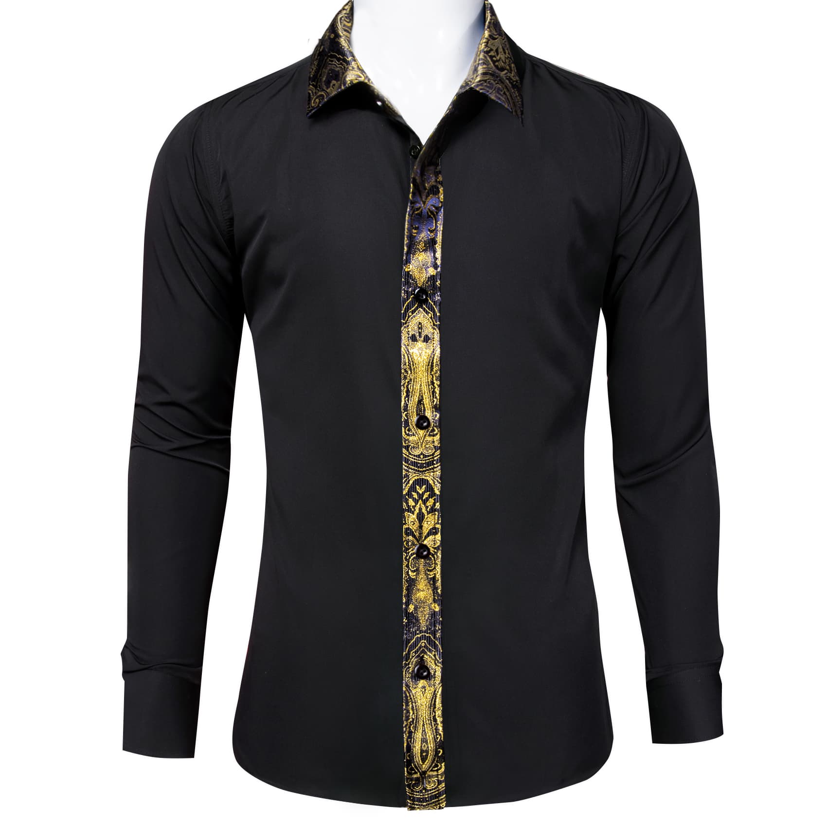 Black Splicing Shirt Gold Paisley Cuff Mens Button Up Shirt