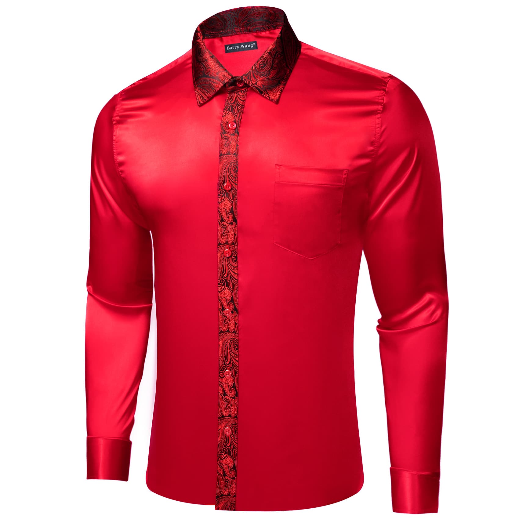  Crimson Red Splicing Shirt Paisley Cuff Long Sleeve Shirt