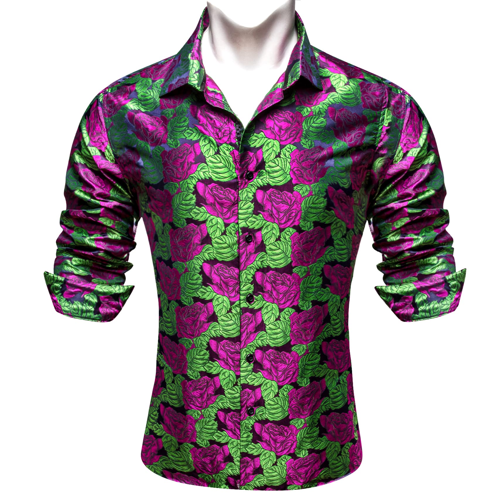 Purple Roses Dark Green Long Sleeve Shirt Men's Floral Top