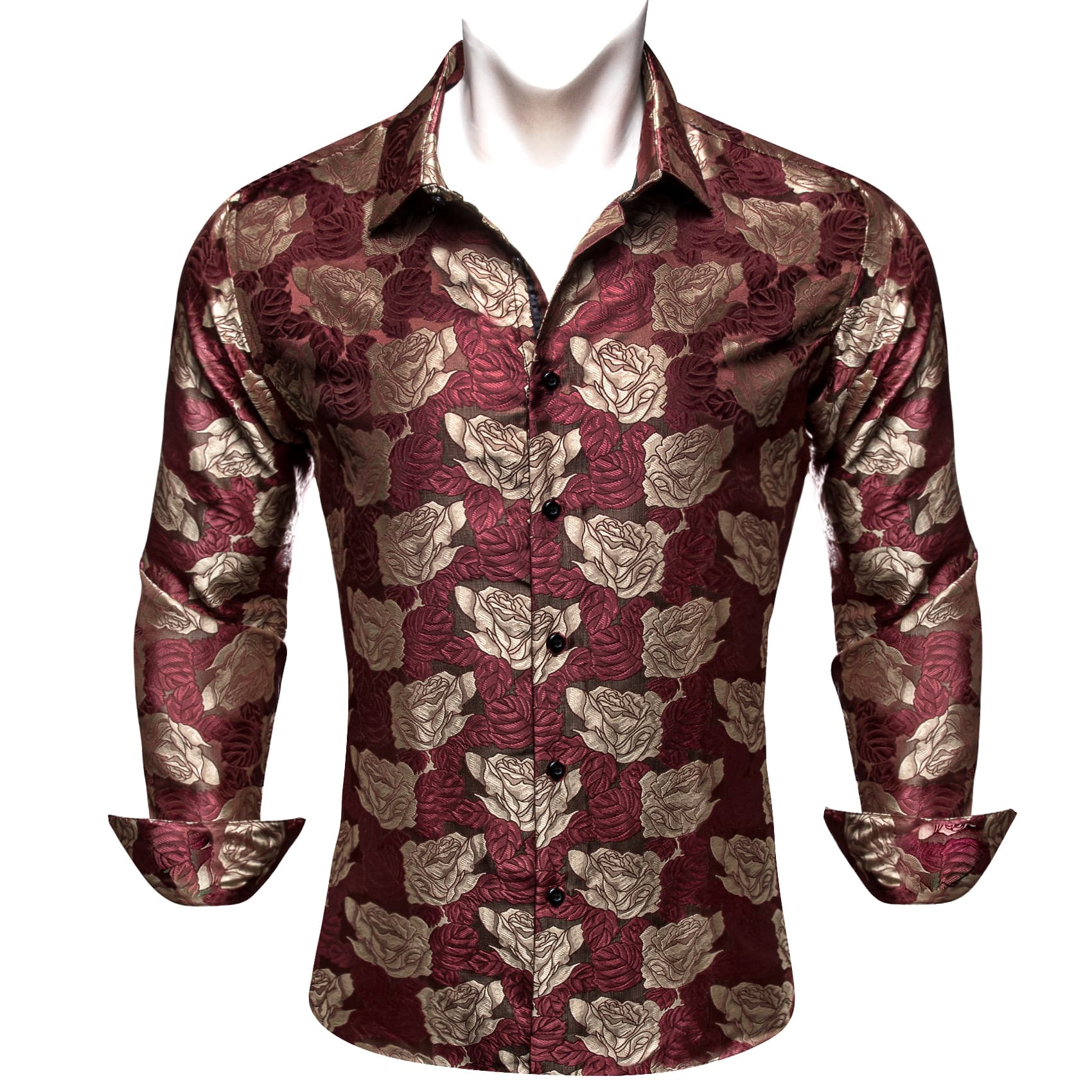 Burgundy Shirt Beige Roses Button Up Mens Long Sleeve Shirt