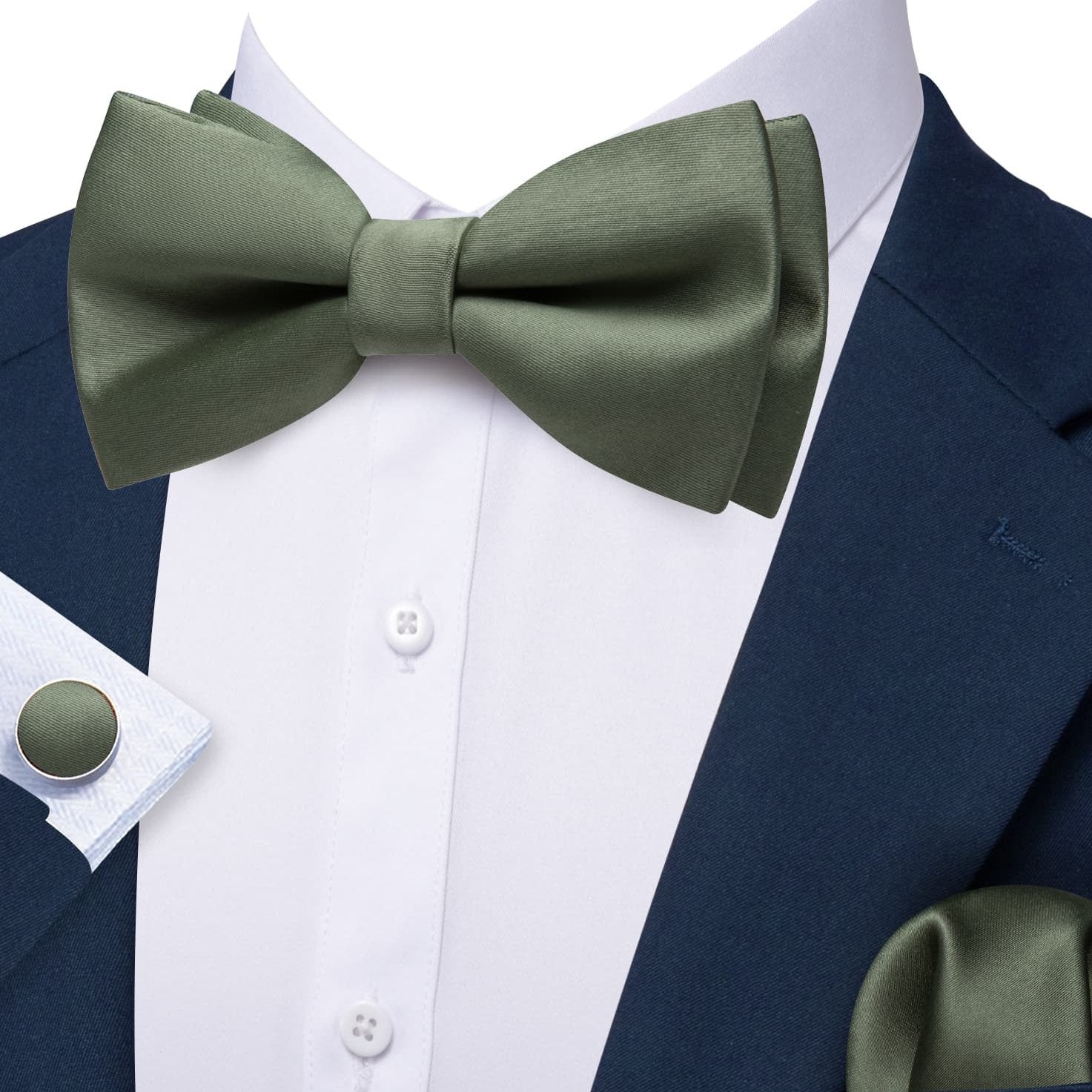 Sage Green Pre-Tied Solid Silk Bow Tie Hanky Cufflinks Set