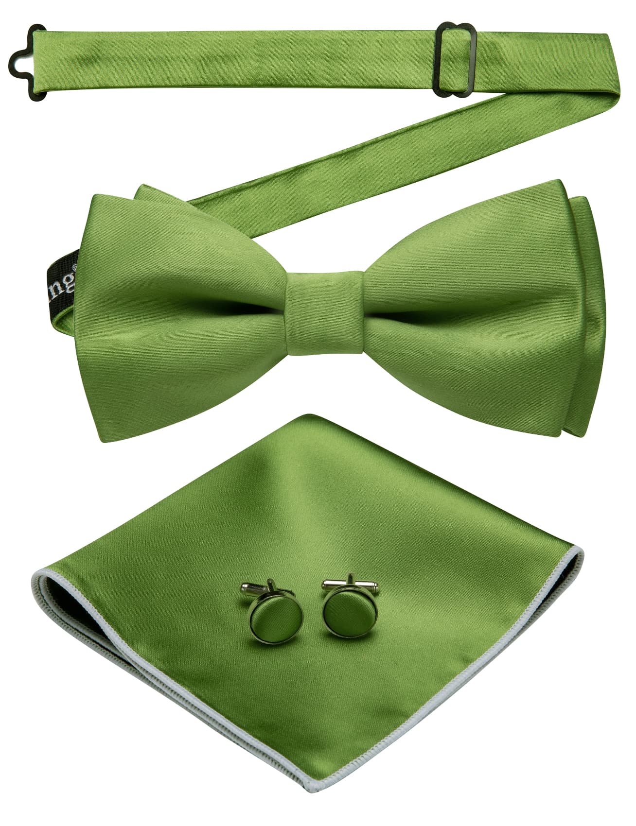 Dark Olive Green Pre-Tied Solid Bow Tie Hanky Cufflinks Set