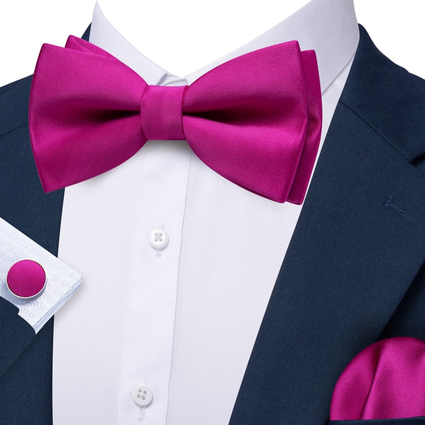 Hot Pink Silk Pre-Tied Bow Tie Hanky Cufflinks Set for Men