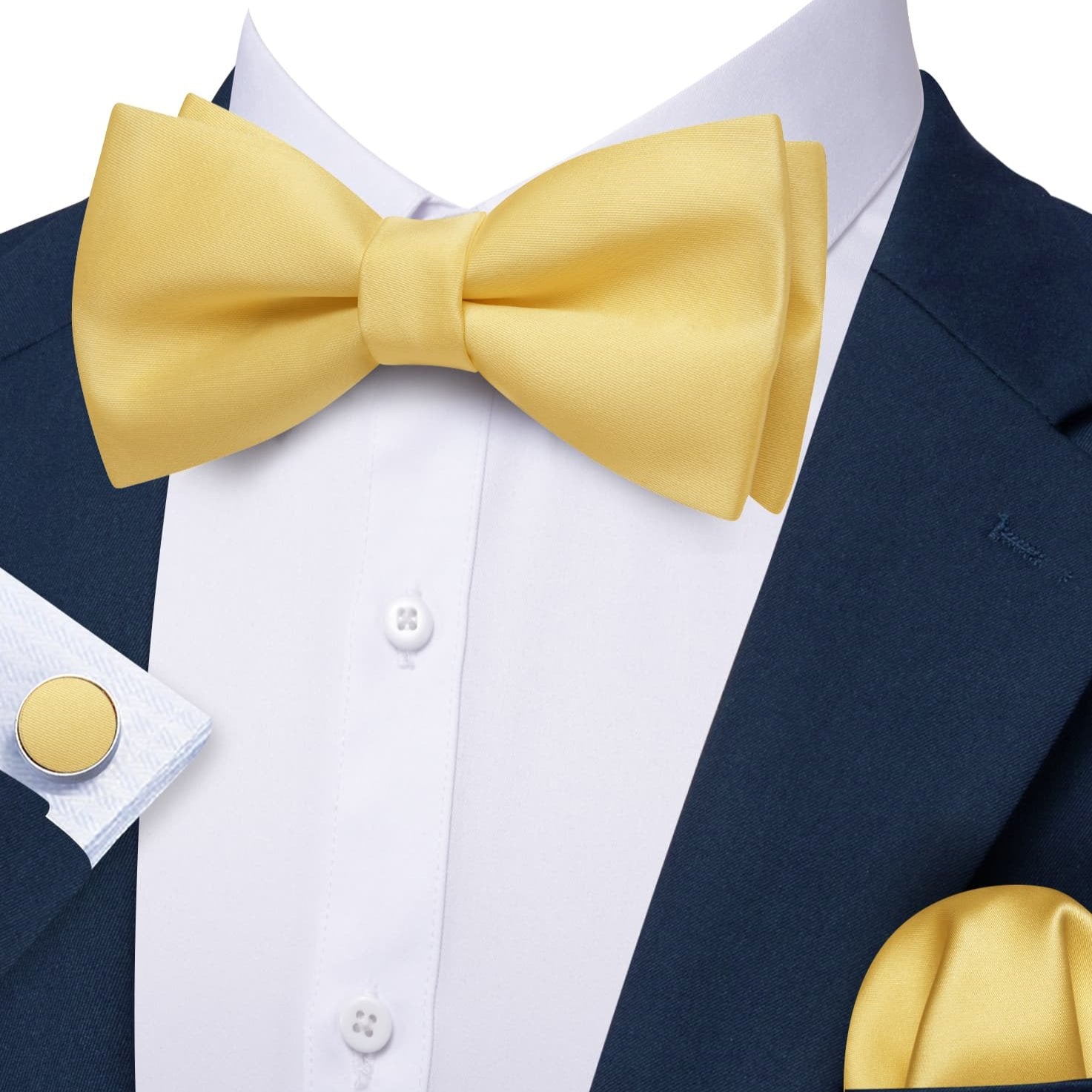  Light Yellow Silk Pre-Tied Mens Bow Tie Hanky Cufflinks Set