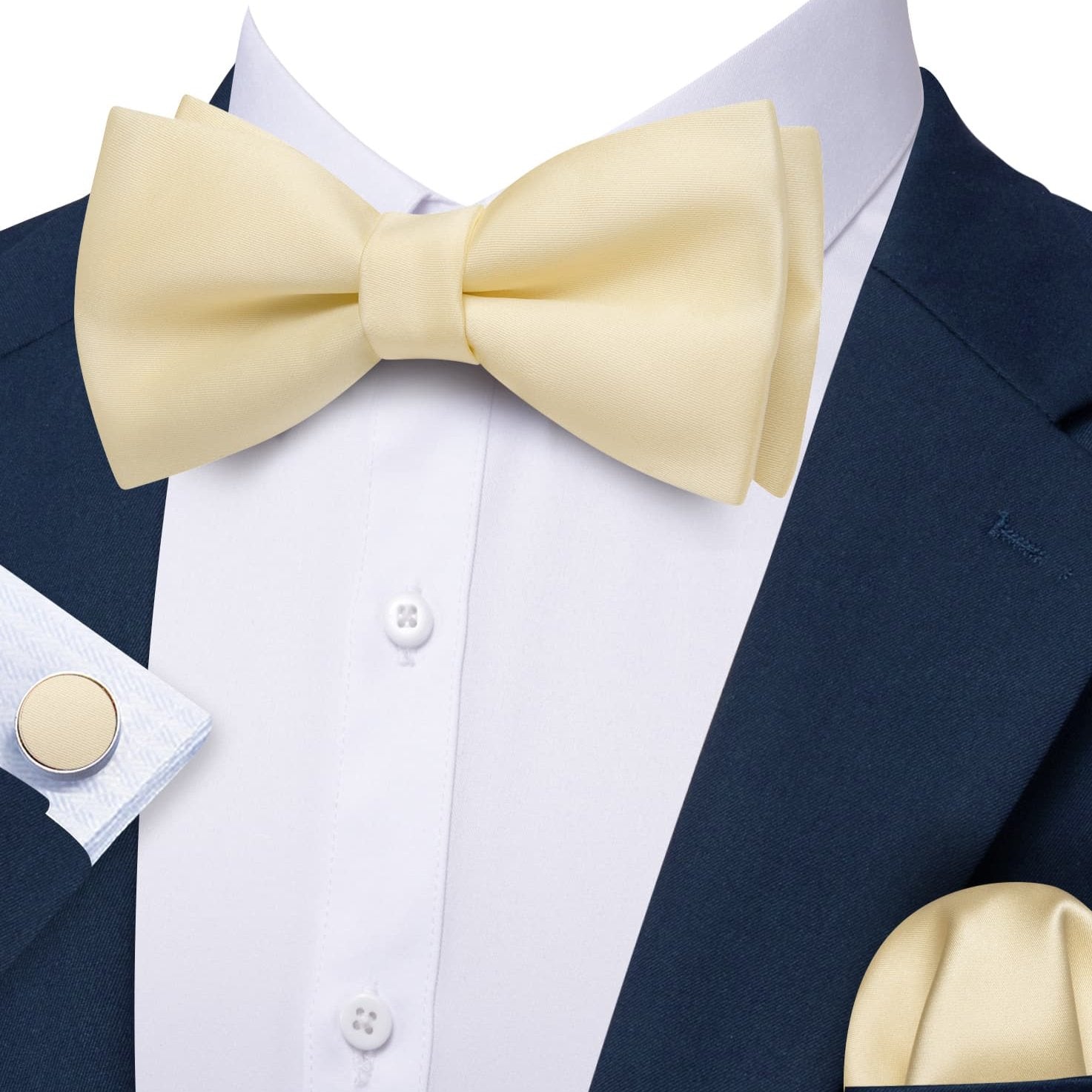 Champagne Silk Pre-Tied Mens Bow Tie Hanky Cufflinks Set