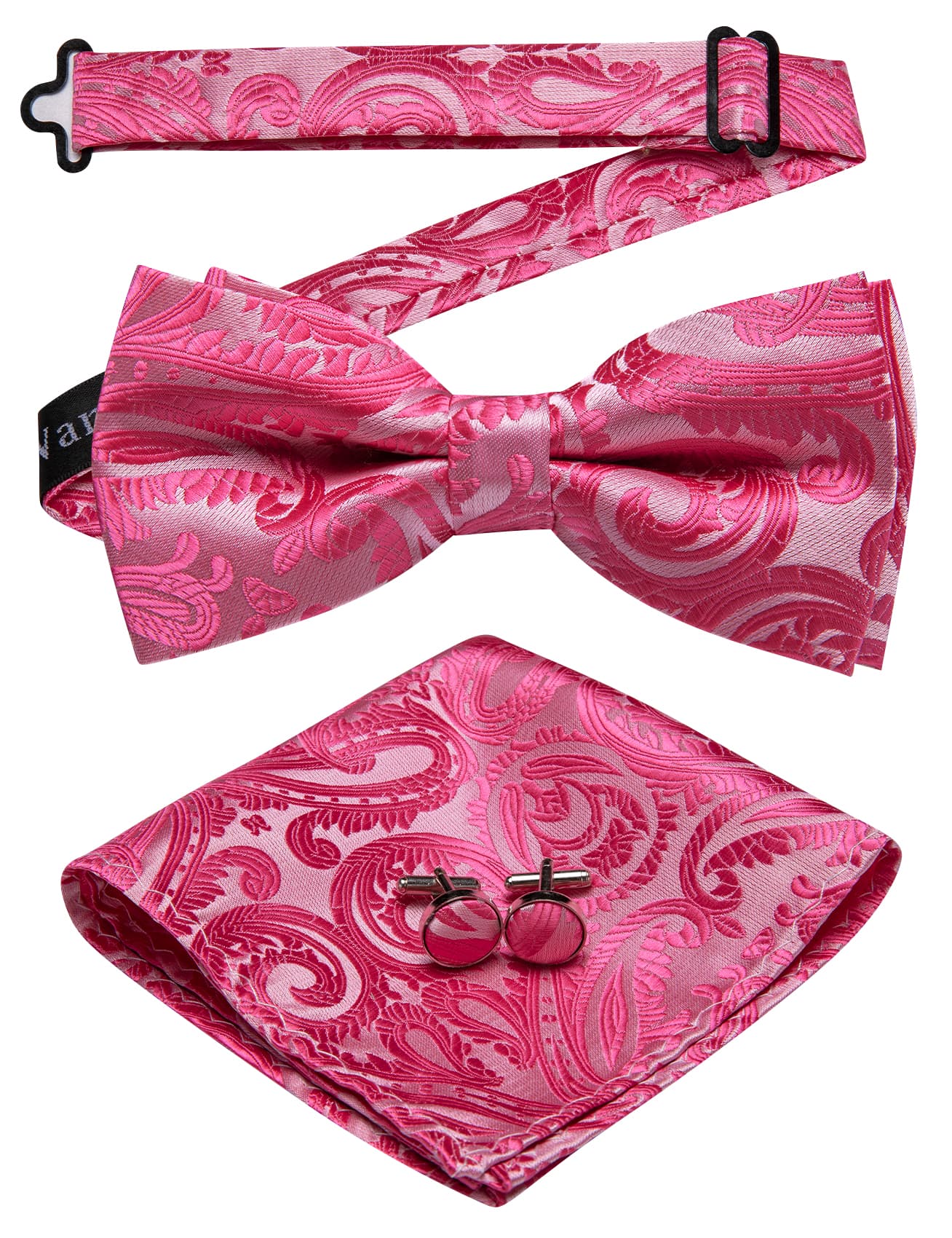 Silk Pre-Tied Mens Pink Paisley Bow Tie Hanky Cufflinks Set