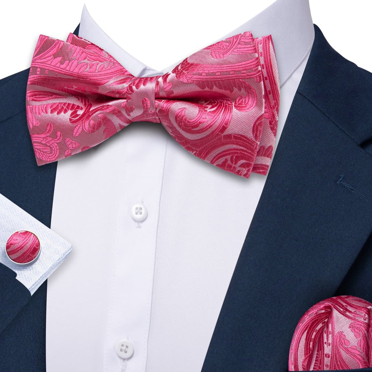 Silk Pre-Tied Mens Pink Paisley Bow Tie Hanky Cufflinks Set