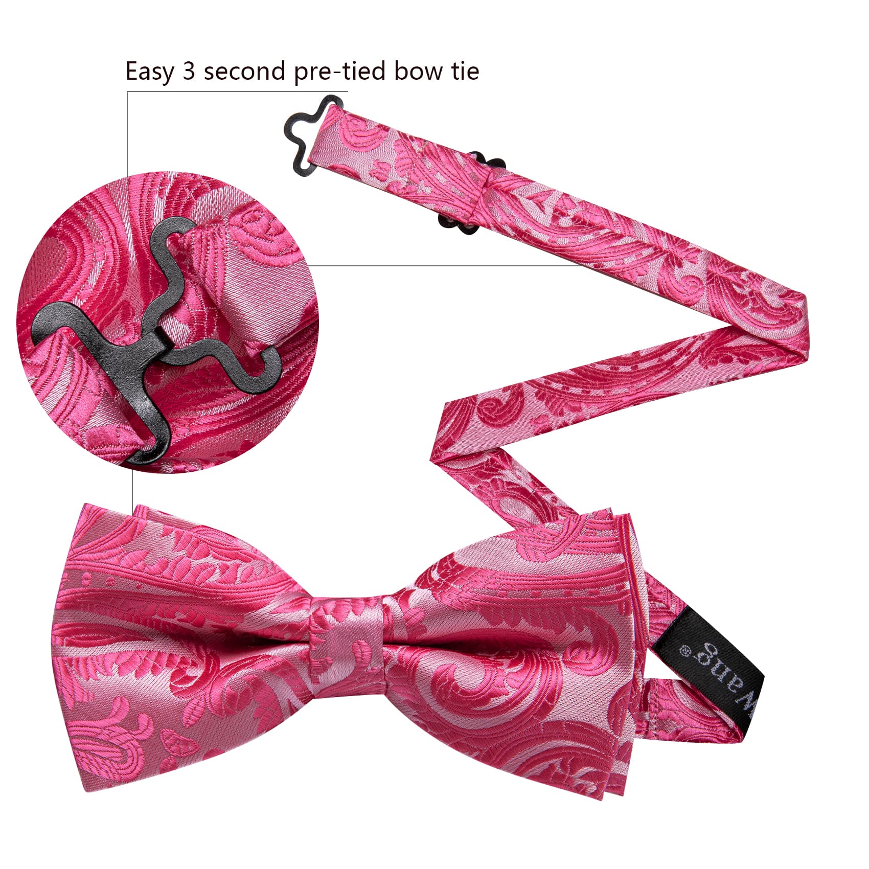 Silk Pre-Tied Mens Pink Paisley Bow Tie Hanky Cufflinks Set