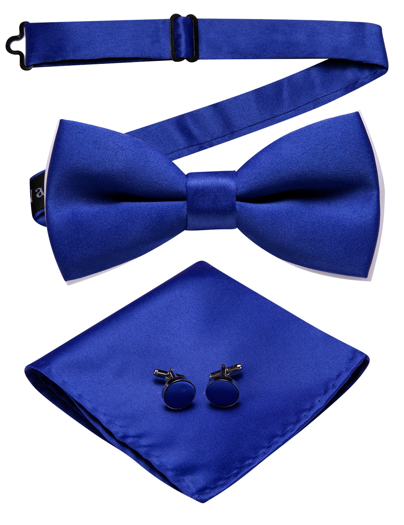  Silk Pre-Tied Mens Blue Solid Bow Tie Hanky Cufflinks Set