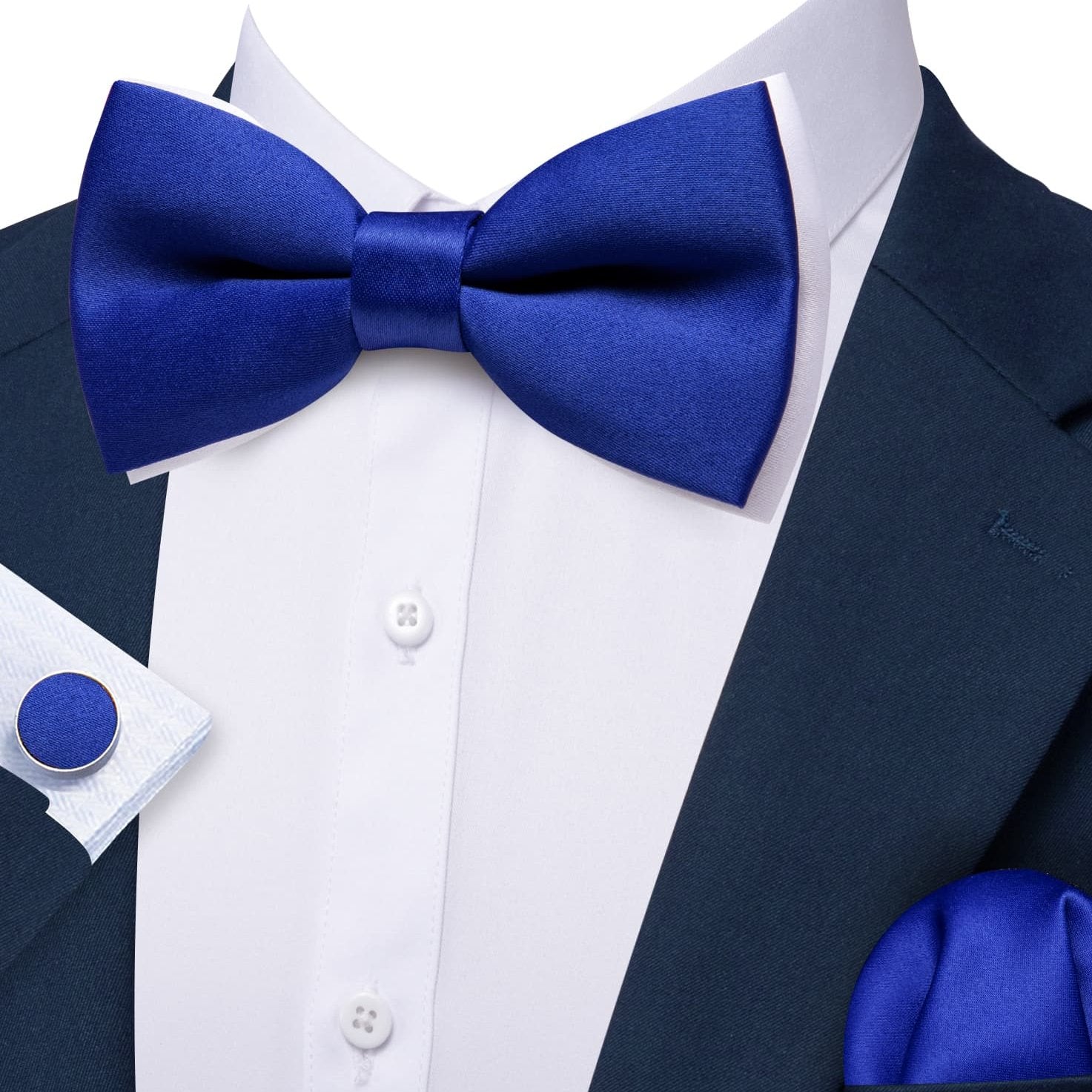  Silk Pre-Tied Mens Blue Solid Bow Tie Hanky Cufflinks Set