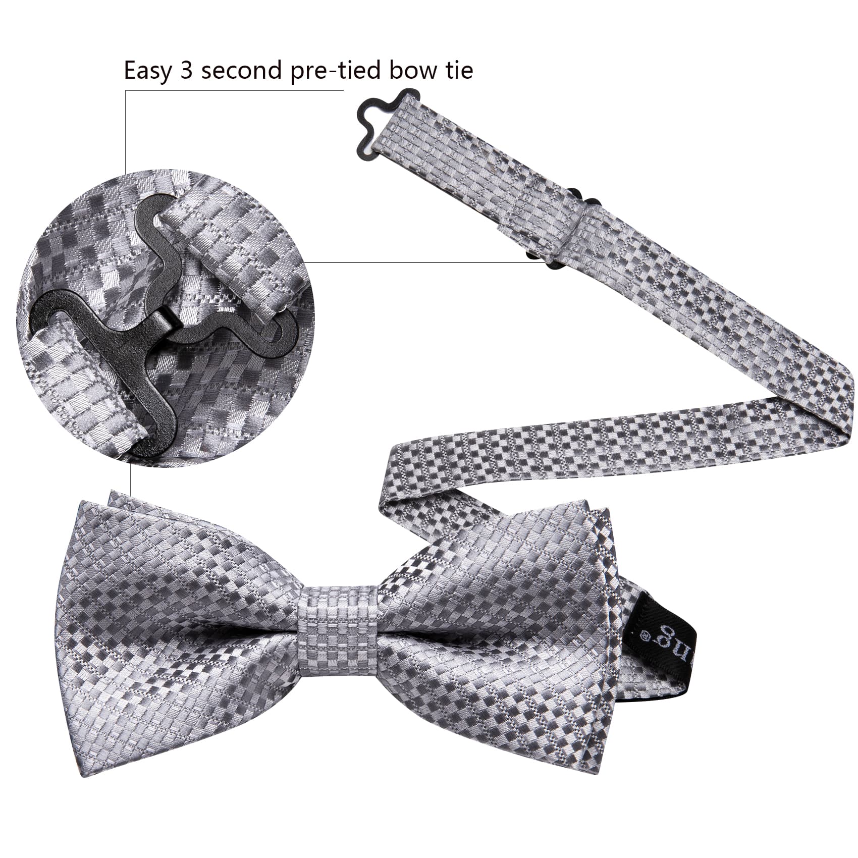  Silk Pre-Tied Silver Grey Plaid Bow Tie Hanky Cufflinks Set