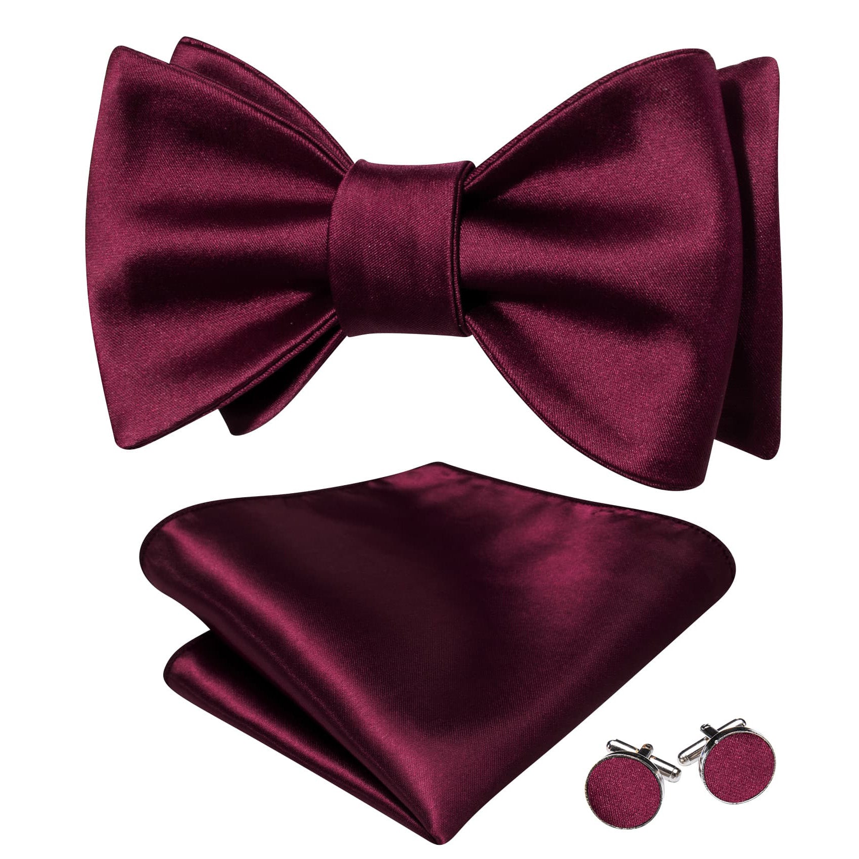 Barry Wang Maroon Red Tie Mens Self-Tied Bowtie Hanky Cufflinks Set