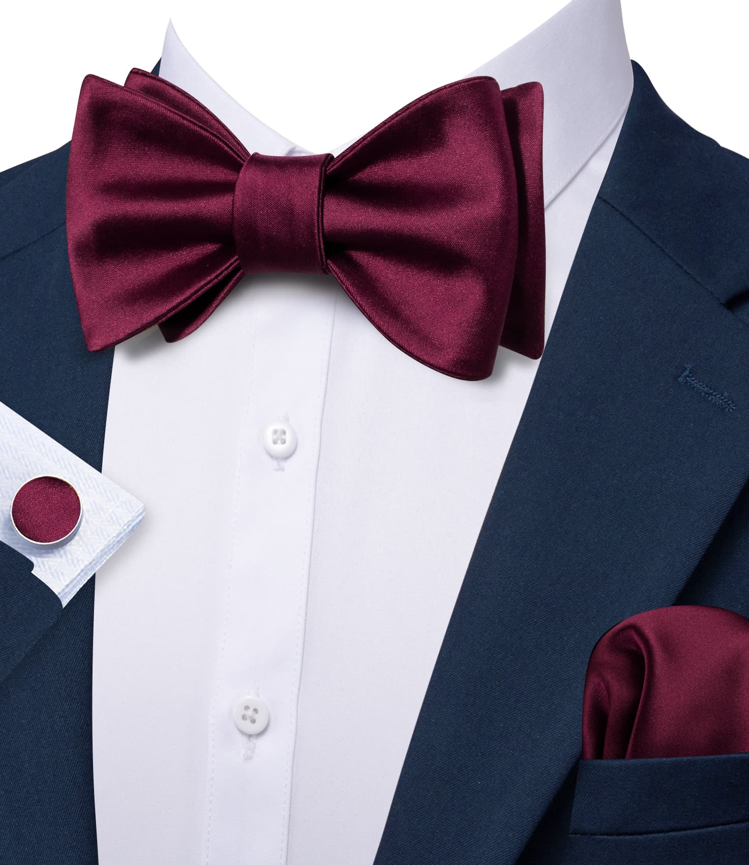 Barry Wang Maroon Red Tie Mens Self-Tied Bowtie Hanky Cufflinks Set