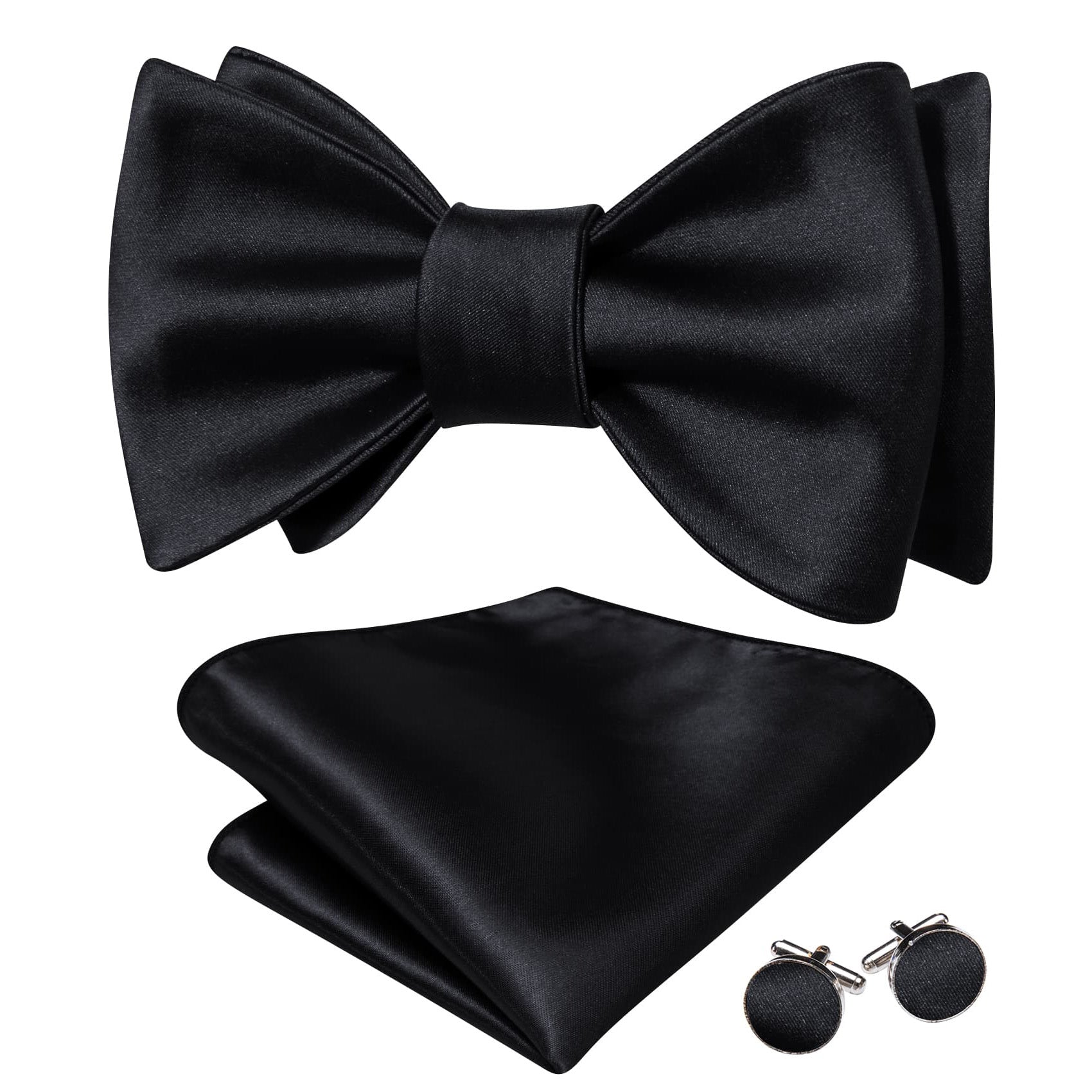 Barry Wang Black Solid Tie Mens Self-Tied Bowtie Hanky Cufflinks Set