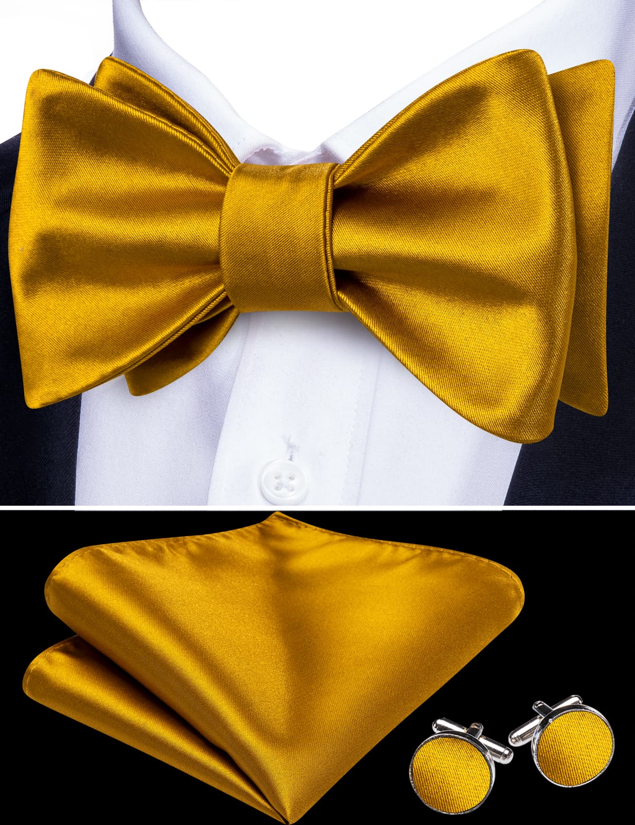 Barry Wang Gold Solid Tie Mens Self-Tied Bowtie Hanky Cufflinks Set