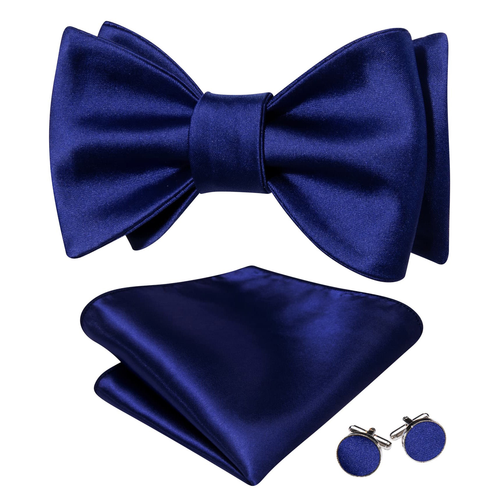 Barry Wang Navy Blue Tie Men's Self-Tied Bowtie Hanky Cufflinks Set