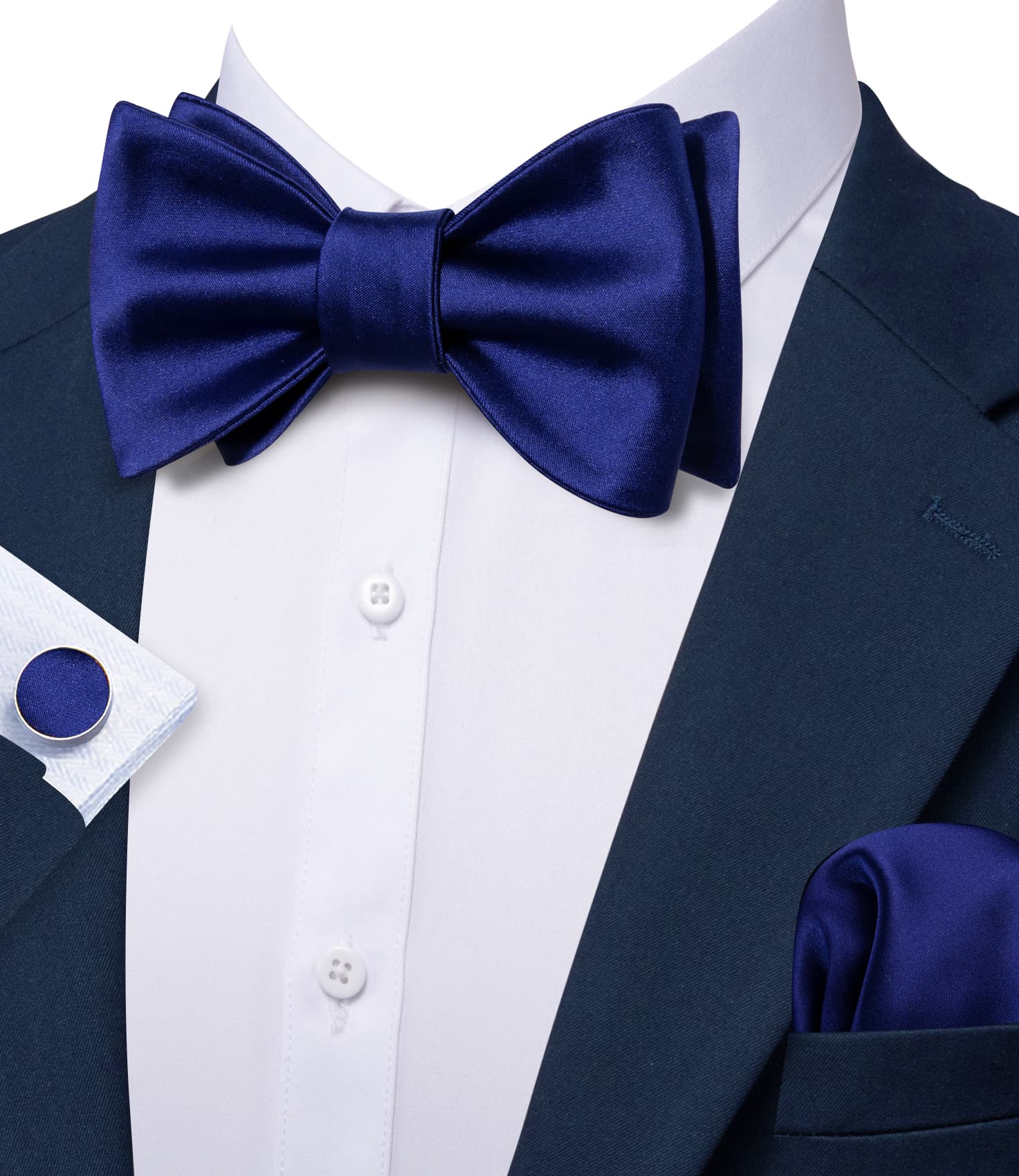 Barry Wang Navy Blue Tie Men's Self-Tied Bowtie Hanky Cufflinks Set