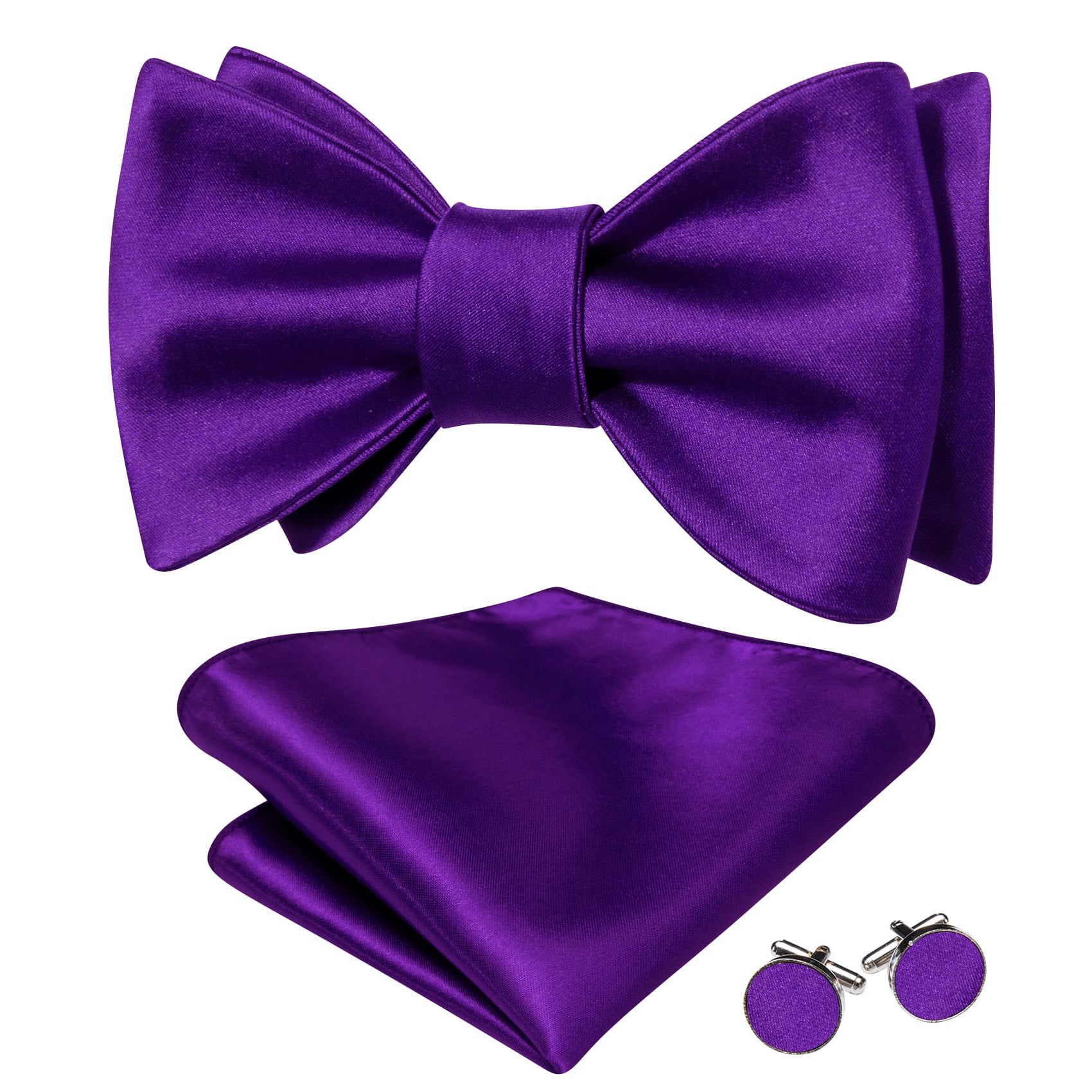 Barry Wang Dark Purple Tie Men's Self-Tied Bowtie Hanky Cufflinks Set