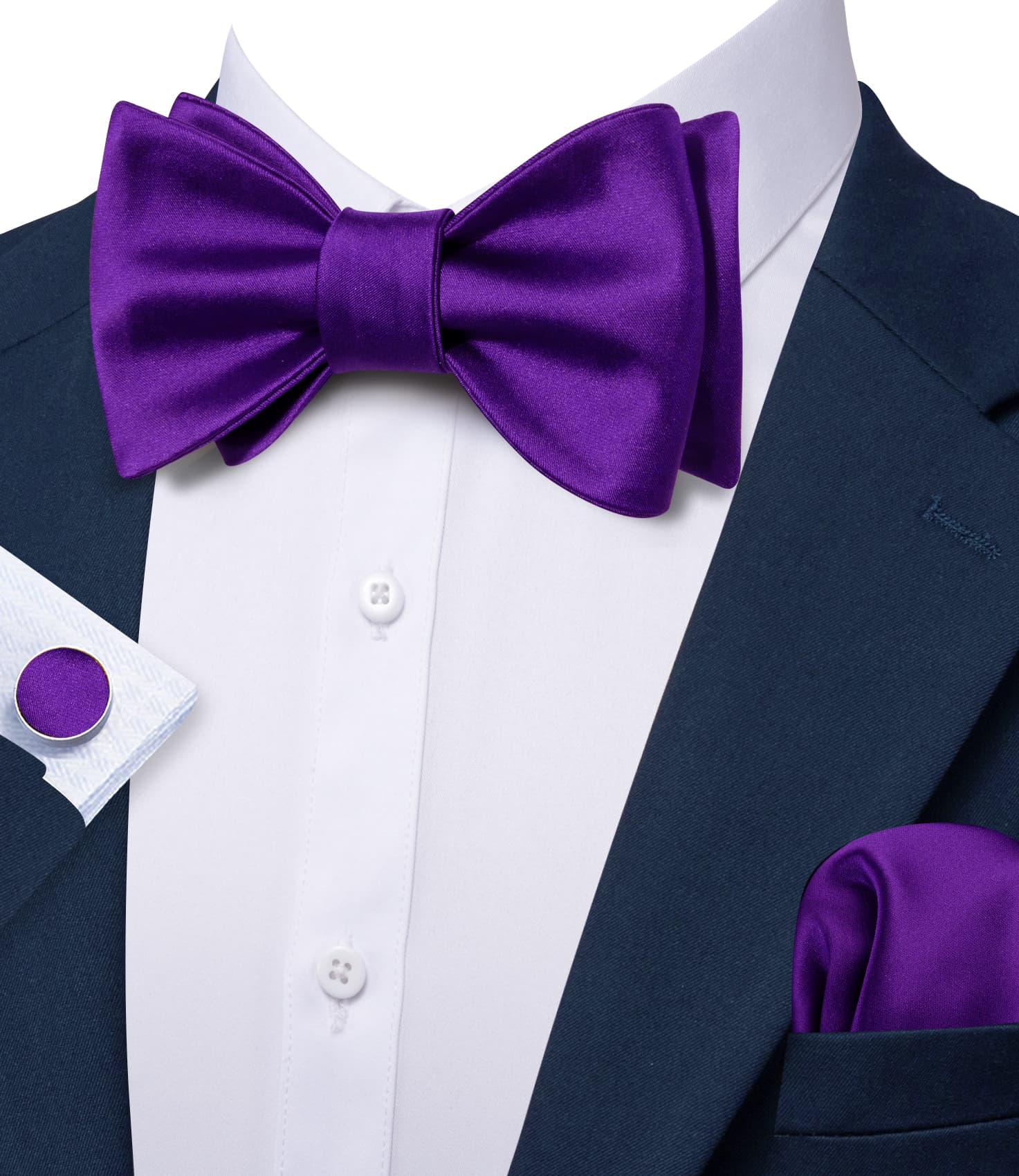 Barry Wang Dark Purple Tie Men's Self-Tied Bowtie Hanky Cufflinks Set