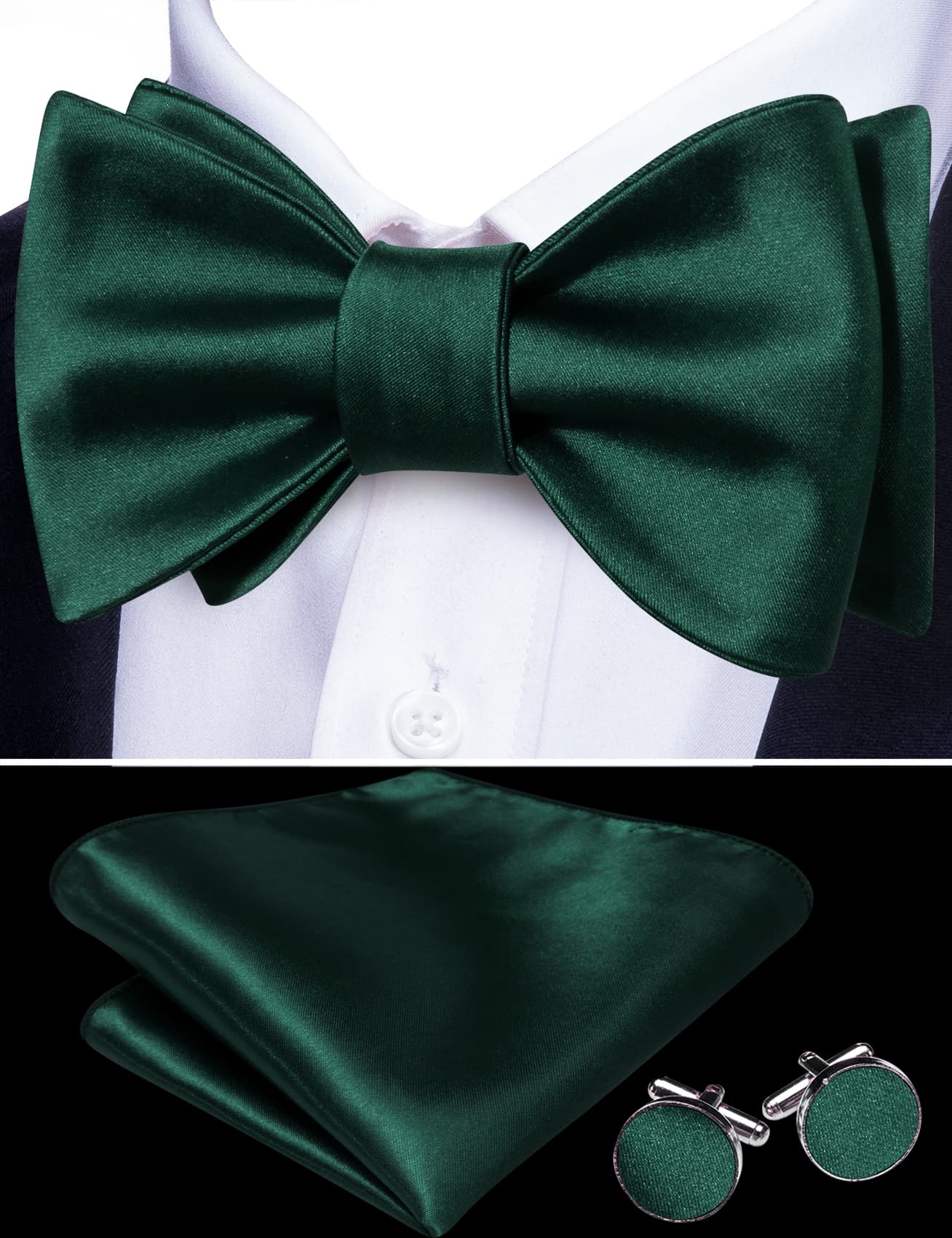 Barry Wang Dark Green Tie Men's Self-Tied Bowtie Hanky Cufflinks Set