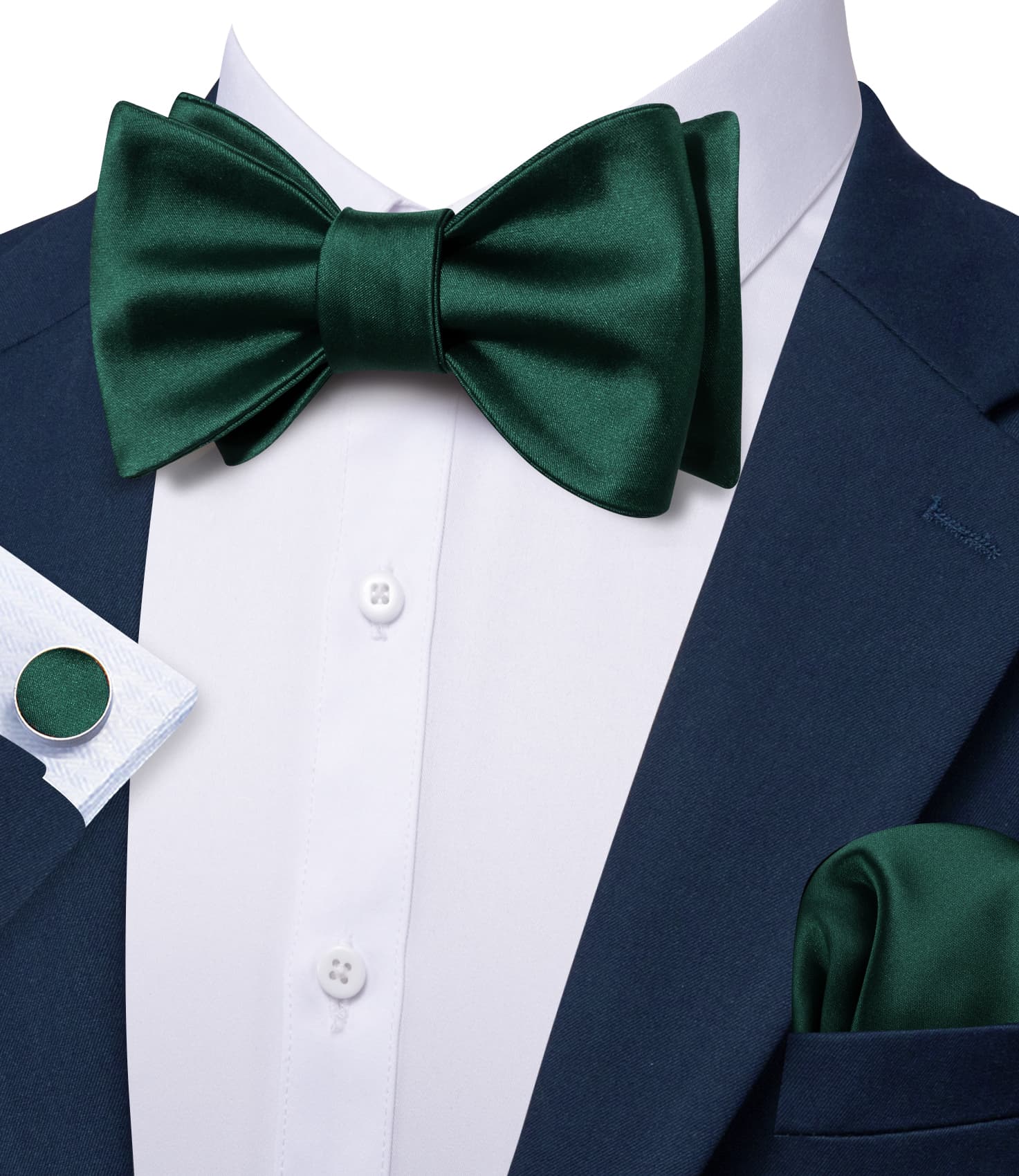 Barry Wang Dark Green Tie Men's Self-Tied Bowtie Hanky Cufflinks Set