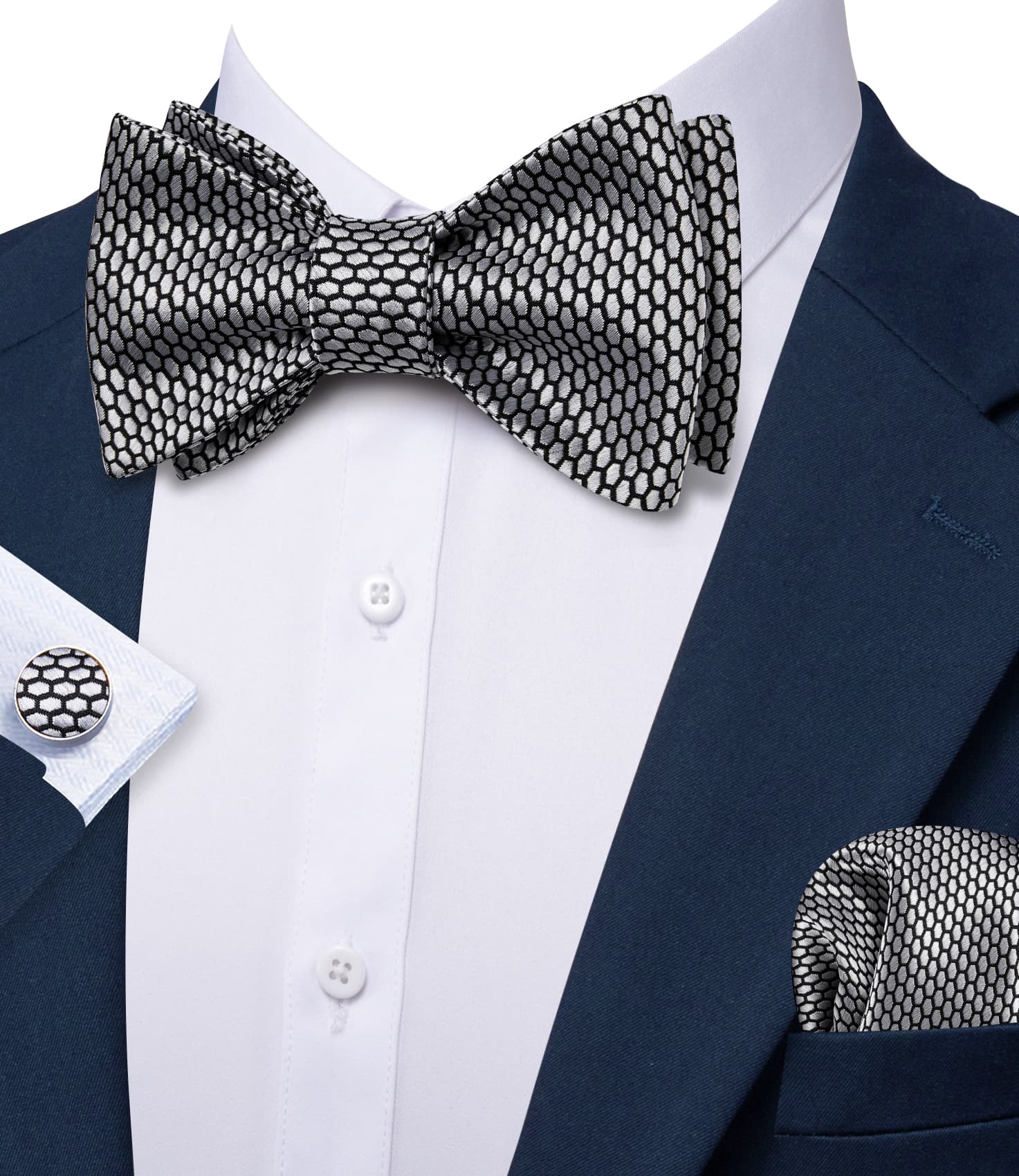  Self-Tied Bowtie Black Silver Geometric Men's Bow-Tie Set