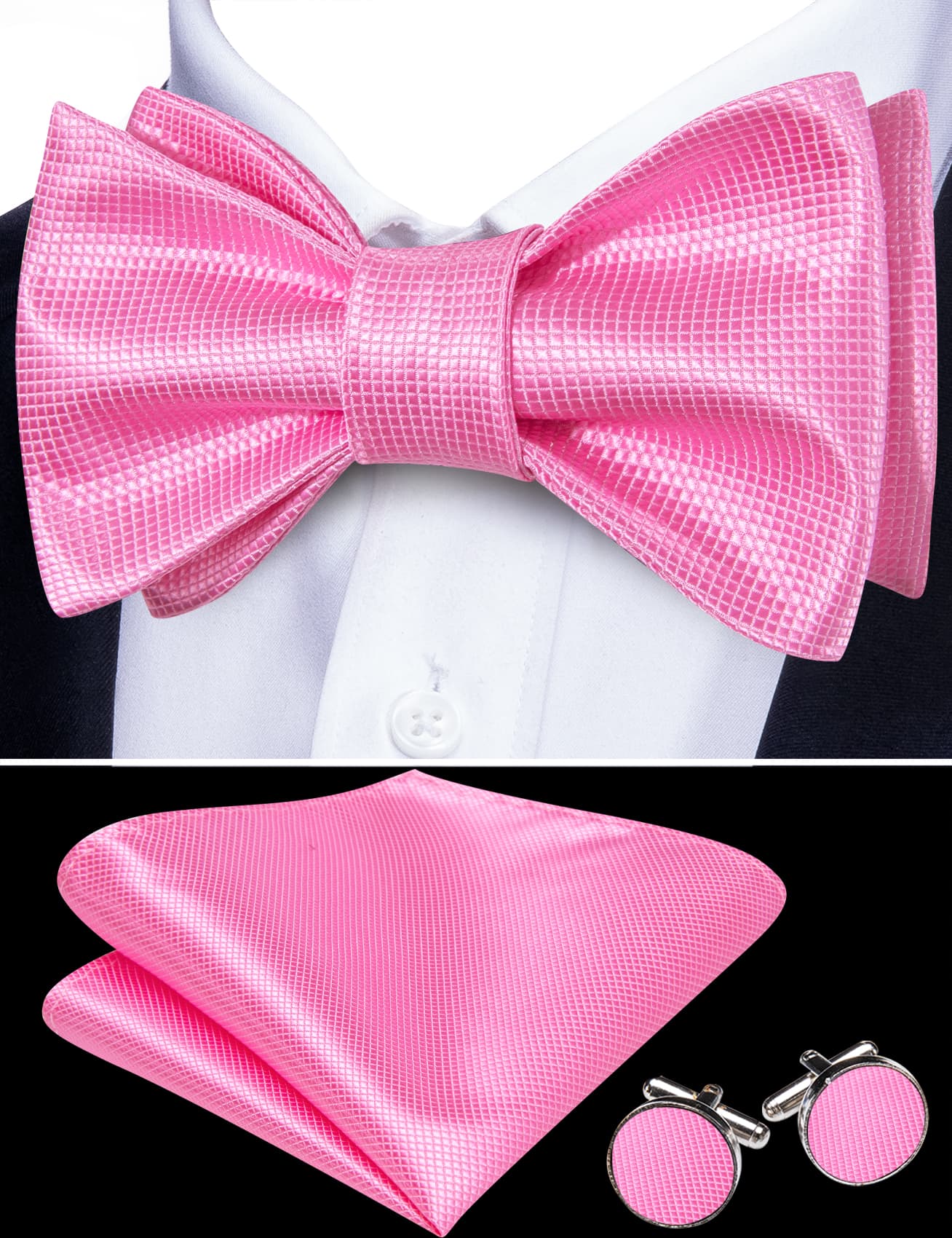 Barry Wang Self-Tied Bowtie Pink Plaid Men's Tie Hanky Cufflinks Set