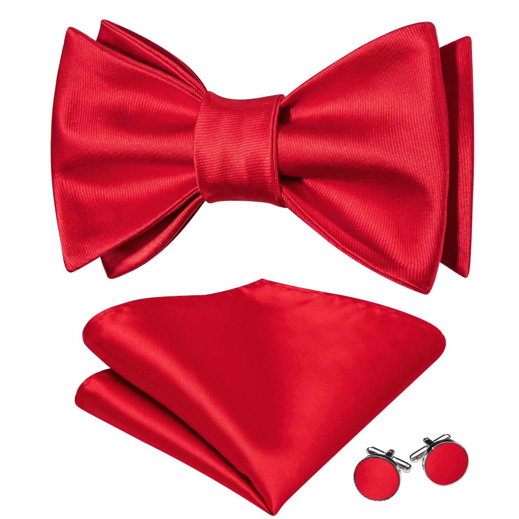 Barry Wang Self-Tied Bowtie Red Solid Men's Tie Hanky Cufflinks Set