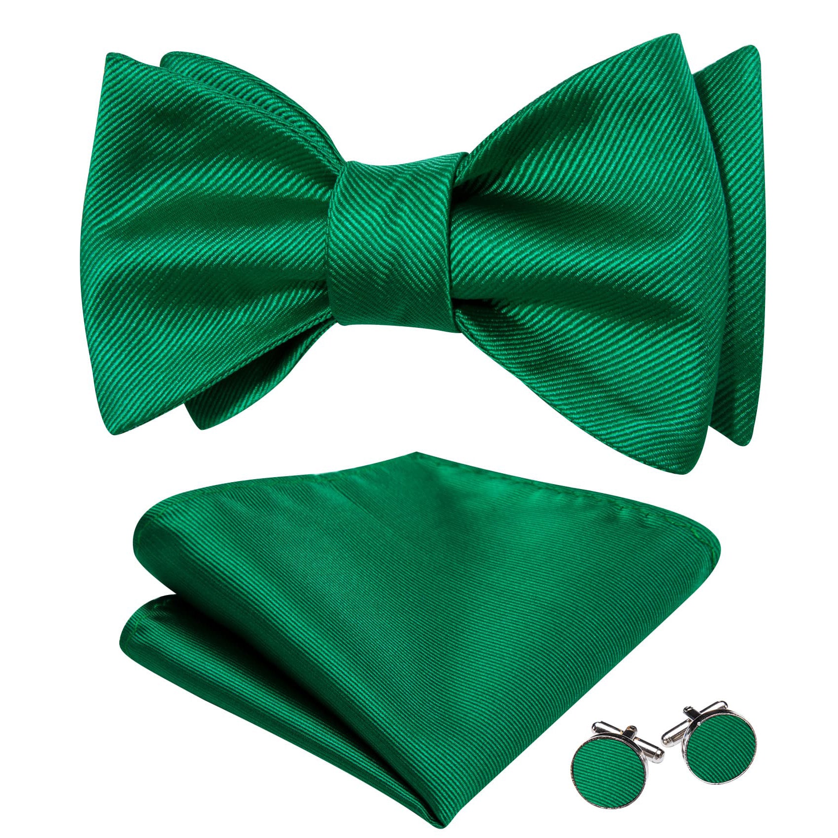 Barry Wang Self-Tied Bowtie Green Striped Mens Tie Hanky Cufflinks Set