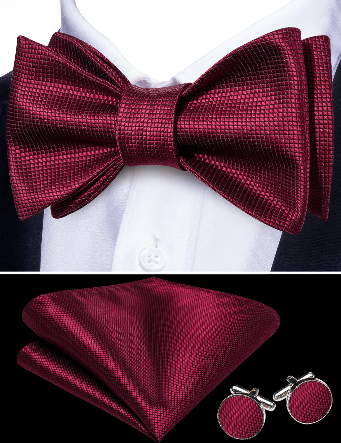 Barry Wang Self-Tied Bowtie Burgundy Red Plaid Mens Formal Bow Tie Set