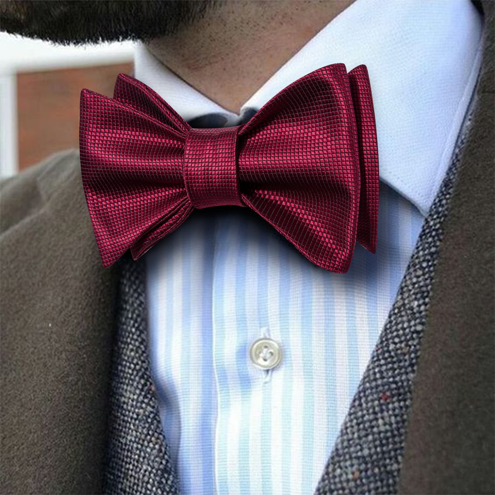 Barry Wang Self-Tied Bowtie Burgundy Red Plaid Mens Formal Bow Tie Set