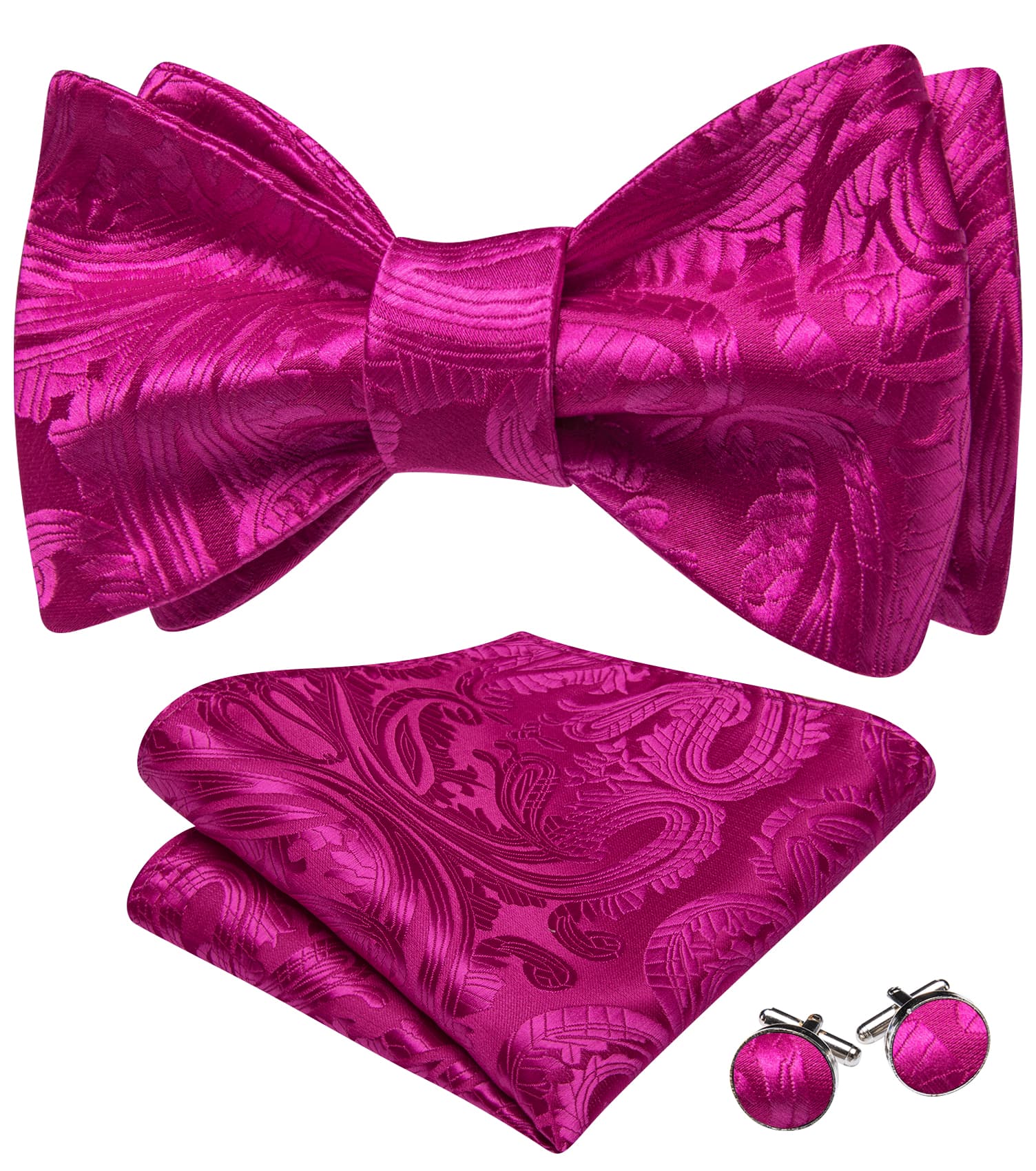 Deep Pink Bow Tie For Men Paisley Tie Hanky Cufflinks Set