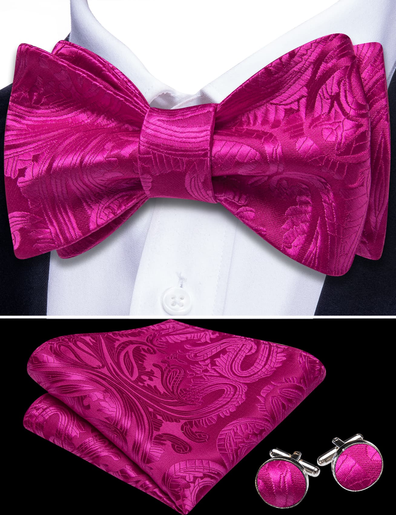 Deep Pink Bow Tie For Men Paisley Tie Hanky Cufflinks Set