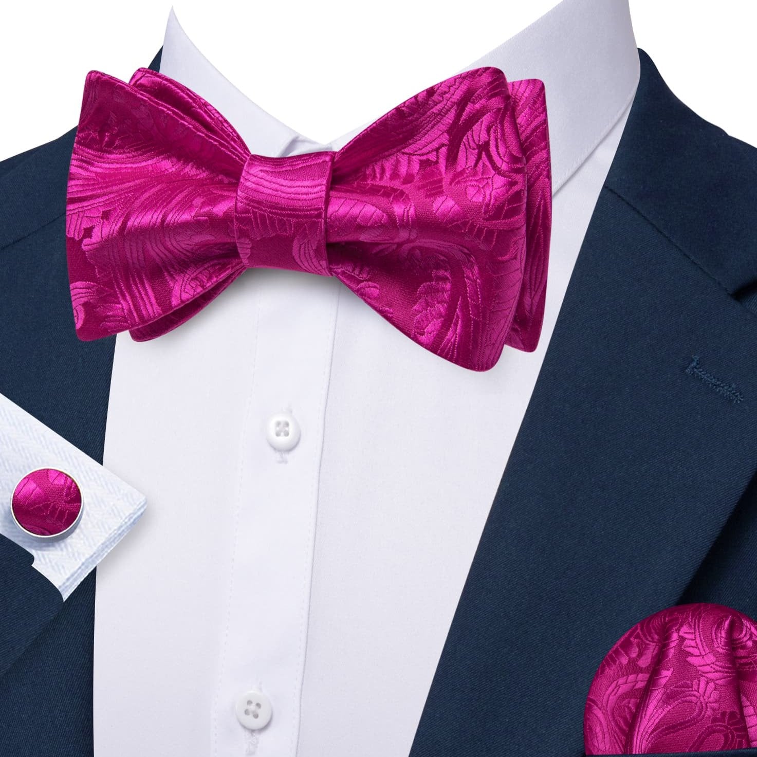 Deep Pink Bow Tie For Men Paisley Tie Hanky Cufflinks Set