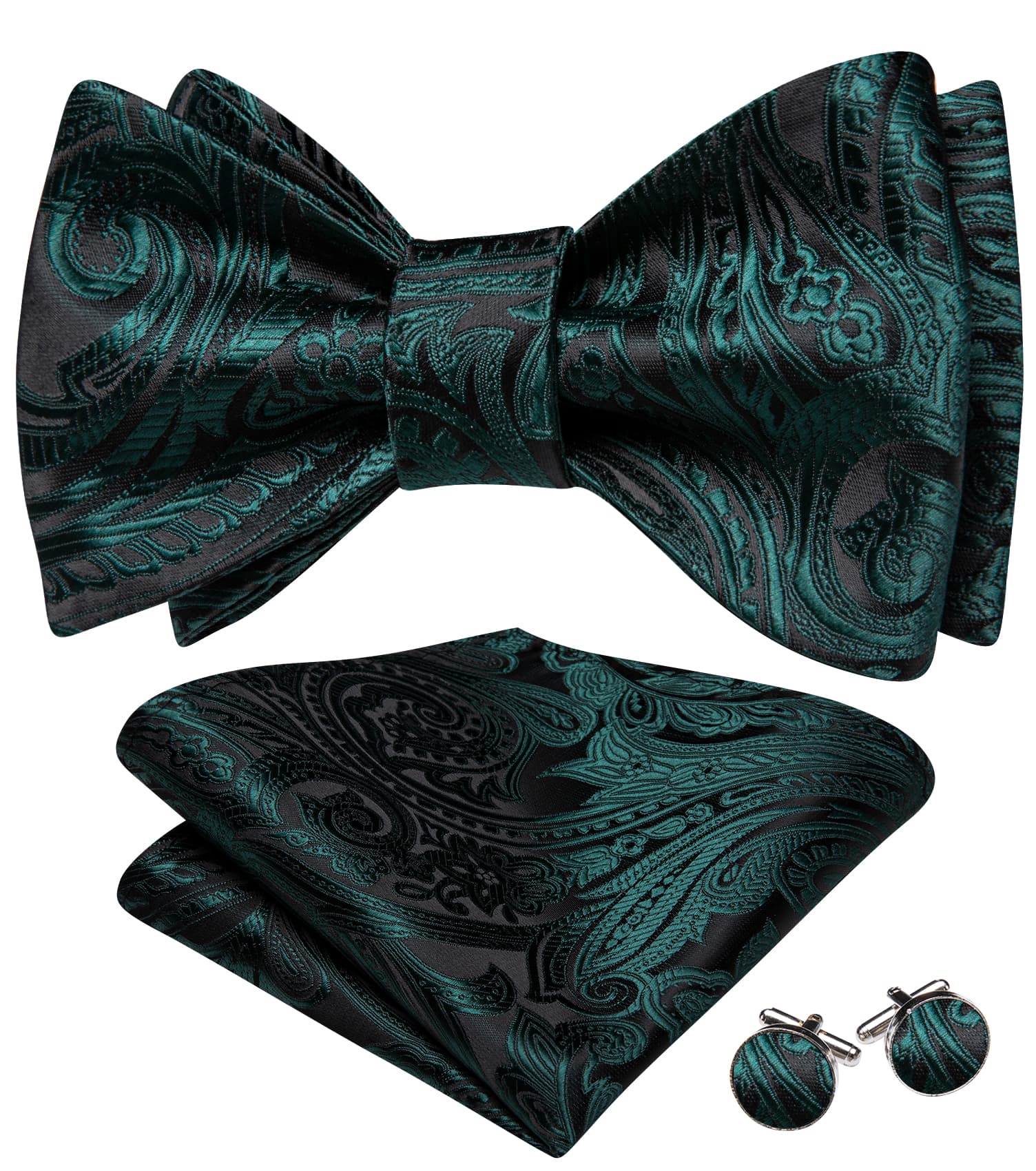 Black Green Bow Tie For Men Paisley Tie Hanky Cufflinks Set