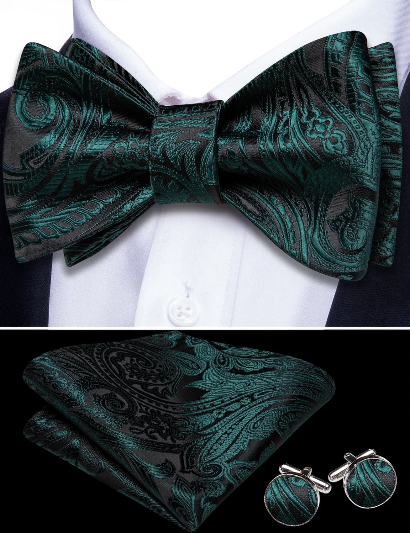 Black Green Bow Tie For Men Paisley Tie Hanky Cufflinks Set