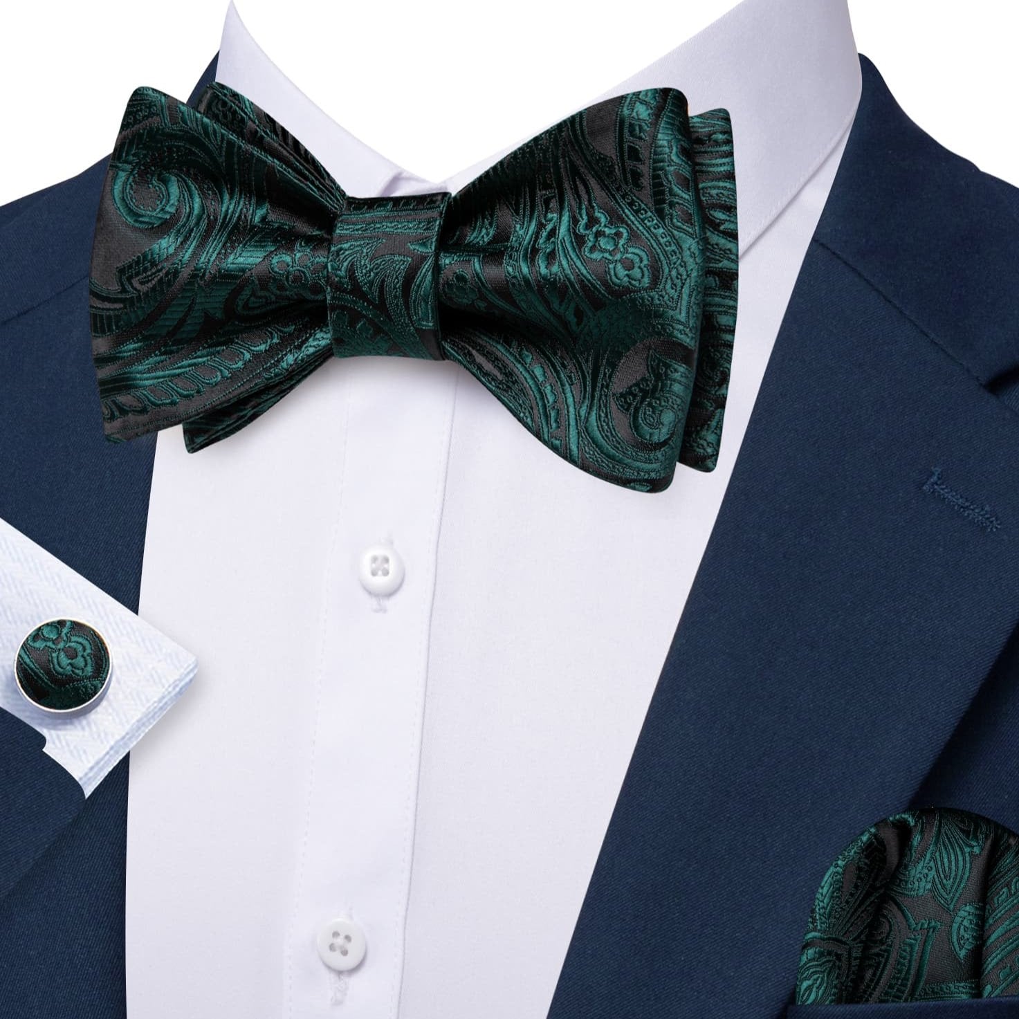 Black Green Bow Tie For Men Paisley Tie Hanky Cufflinks Set