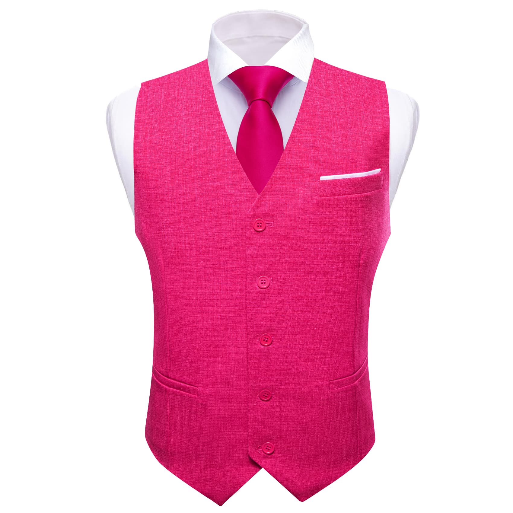  No Collar Vest Deep Pink V-Neck Men's Button Up Waistcoat