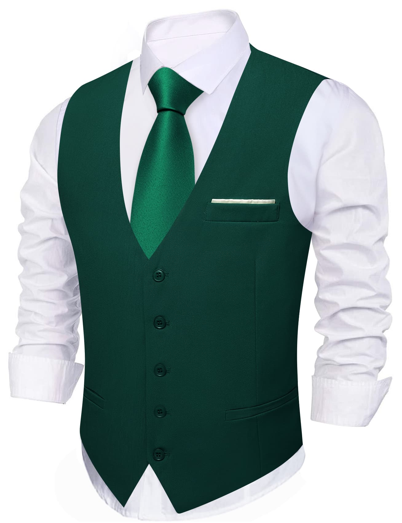 Barry Wang Jungle Green Wedding Vest Solid Men Button V-Neck Waistcoat