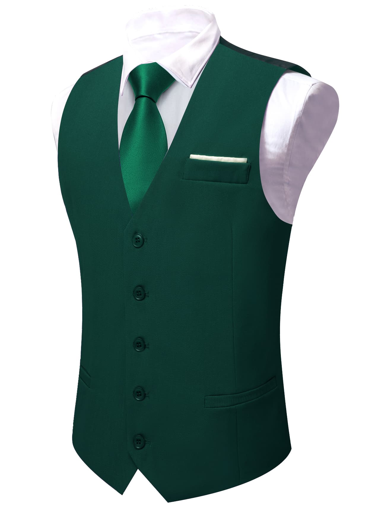 Barry Wang Jungle Green Wedding Vest Solid Men Button V-Neck Waistcoat