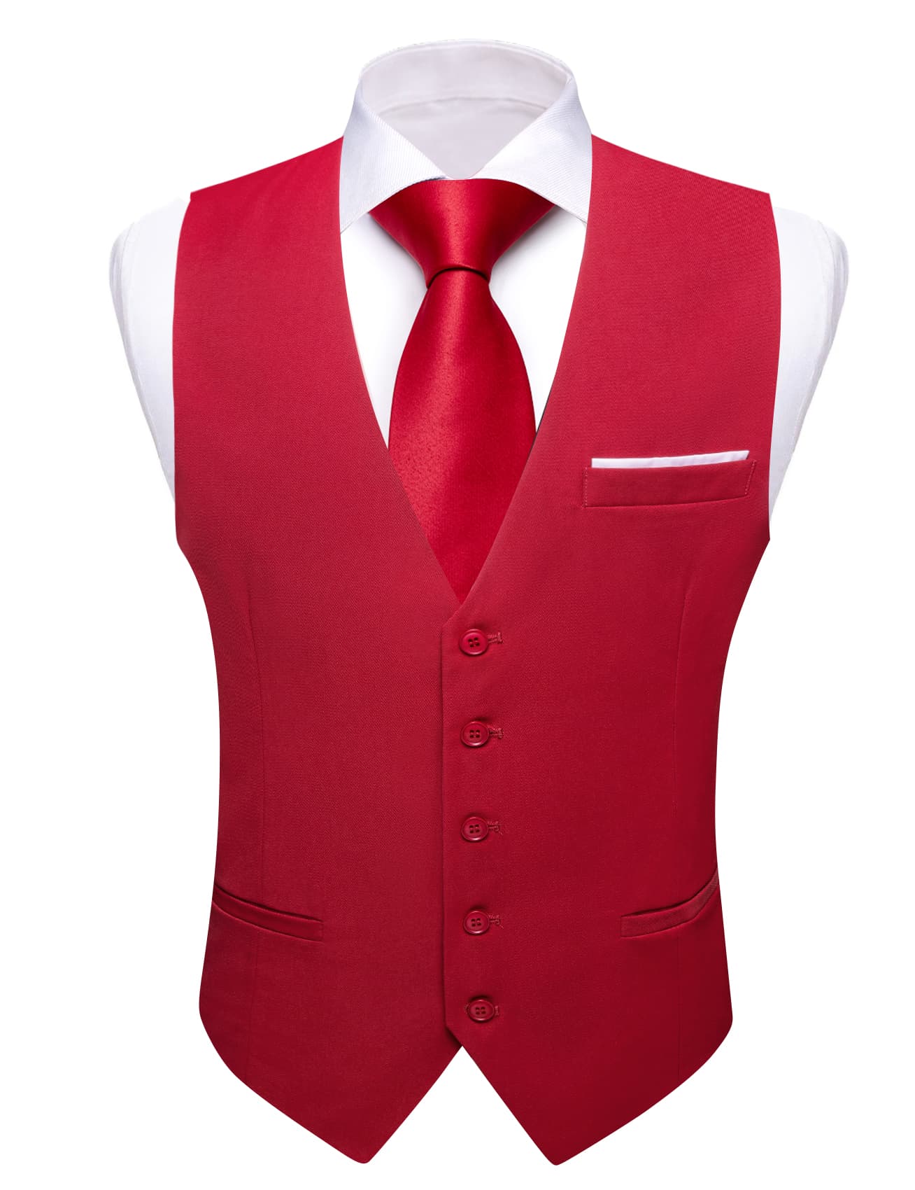 Barry Wang Crimson Red Wedding Vest Solid Men Button V-Neck Waistcoat