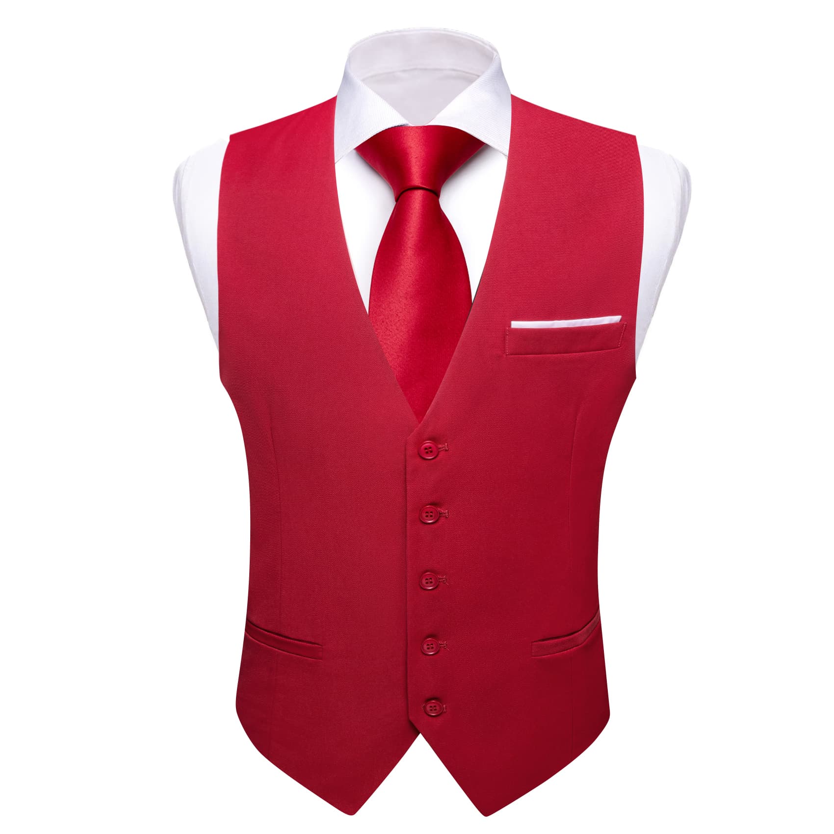 Barry Wang Crimson Red Wedding Vest Solid Men Button V-Neck Waistcoat