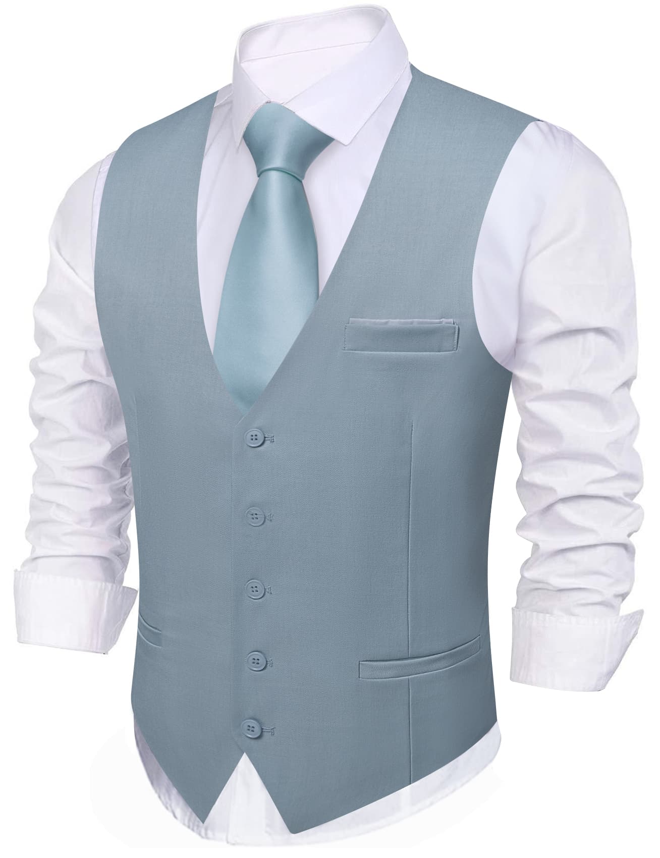 Barry Wang Blue Grey Wedding Vest Solid Mens Button V-Neck Waistcoat