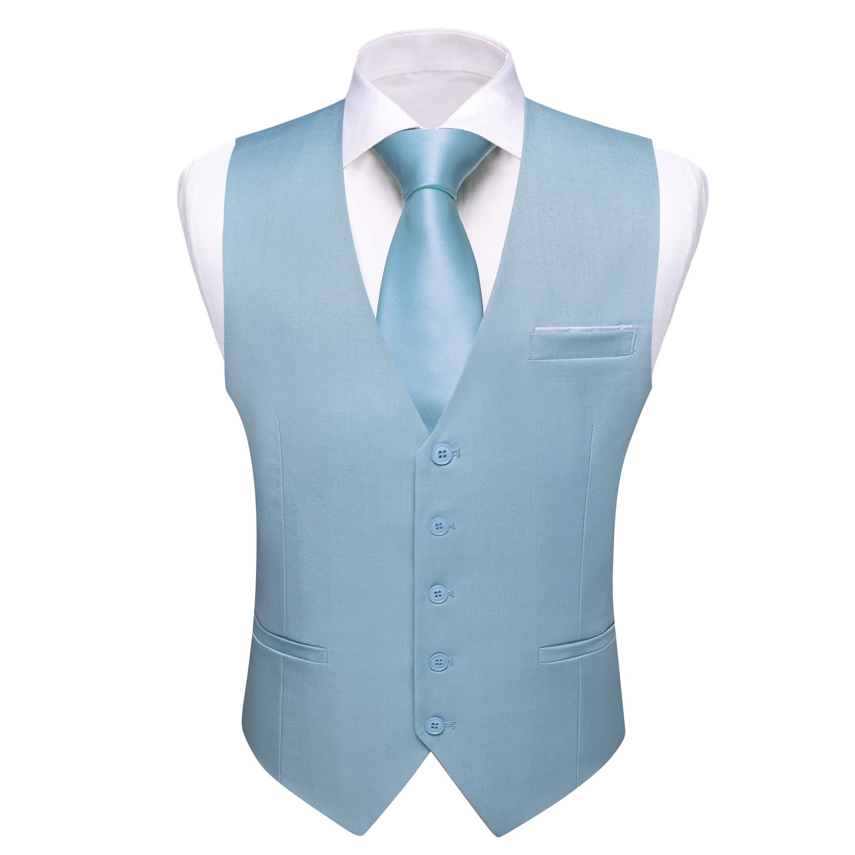 Barry Wang Sky Blue Wedding Vest Solid Mens Button V-Neck Waistcoat