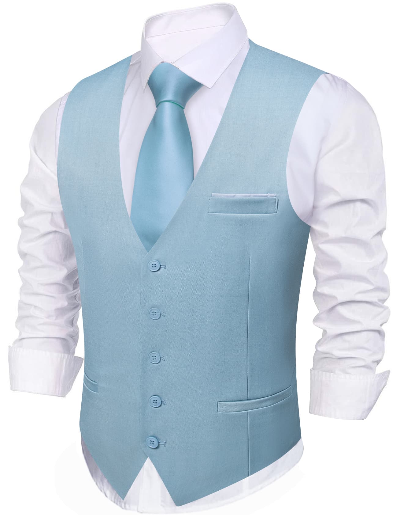 Barry Wang Sky Blue Wedding Vest Solid Mens Button V-Neck Waistcoat