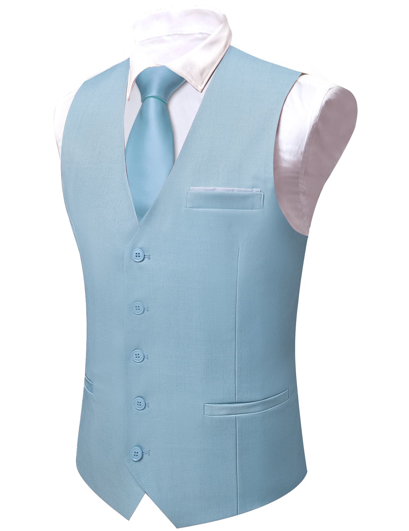 Barry Wang Sky Blue Wedding Vest Solid Mens Button V-Neck Waistcoat