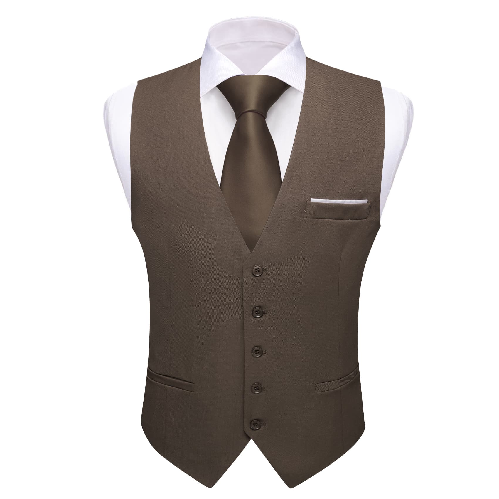 Barry Wang Wedding Vest Solid Light Brown Button Up V-Neck Waistcoat