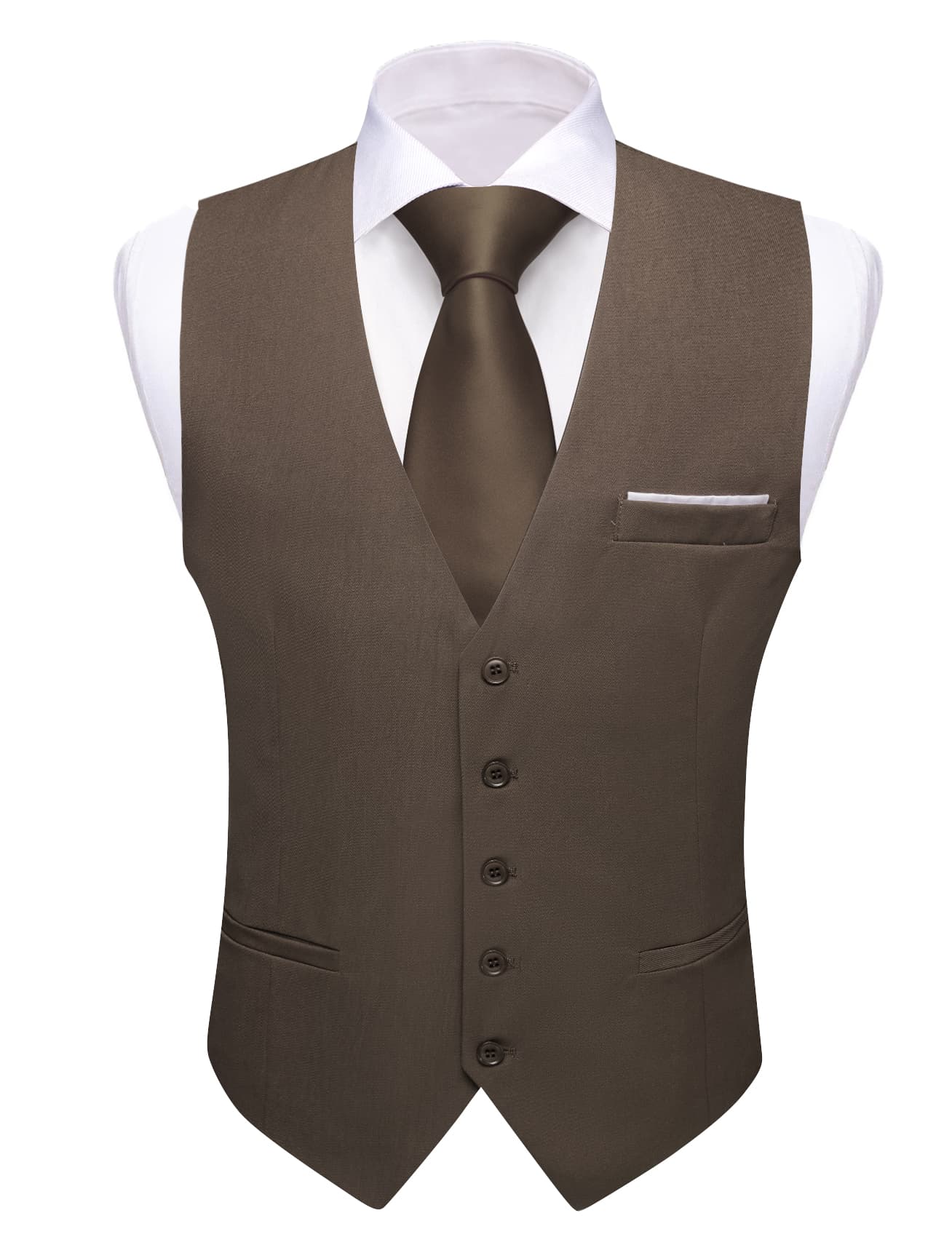 Barry Wang Wedding Vest Solid Light Brown Button Up V-Neck Waistcoat