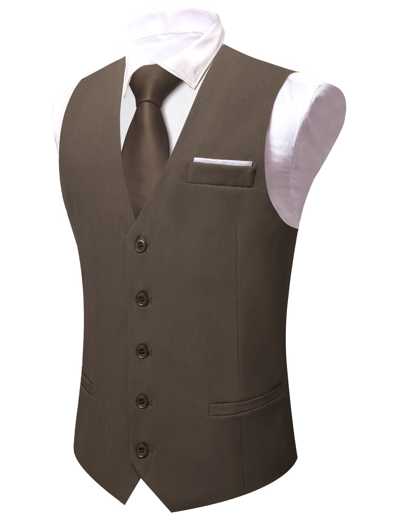 Barry Wang Wedding Vest Solid Light Brown Button Up V-Neck Waistcoat